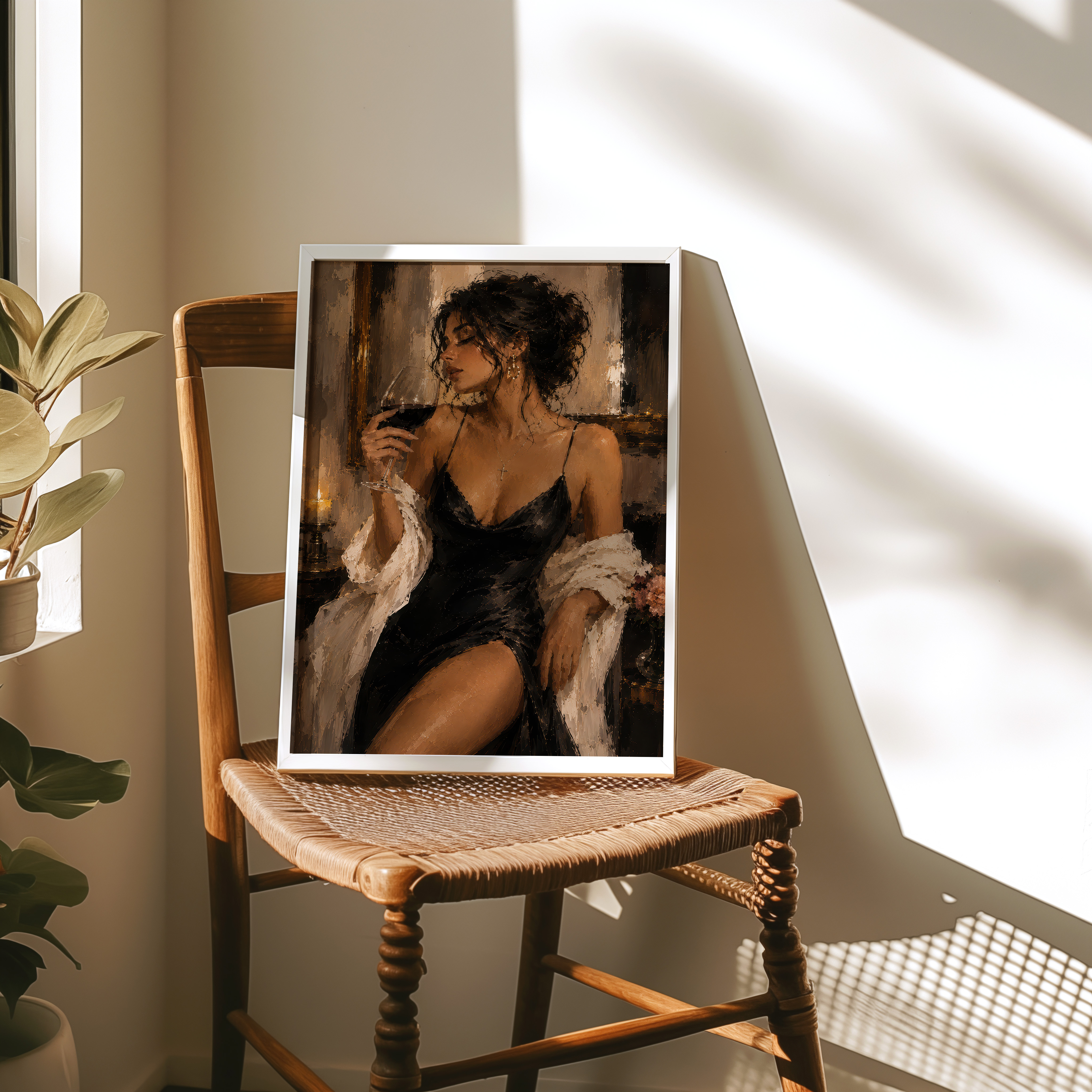 Woman in Black Dress Poster, Living Room Wall Art, Wine Lover Painting