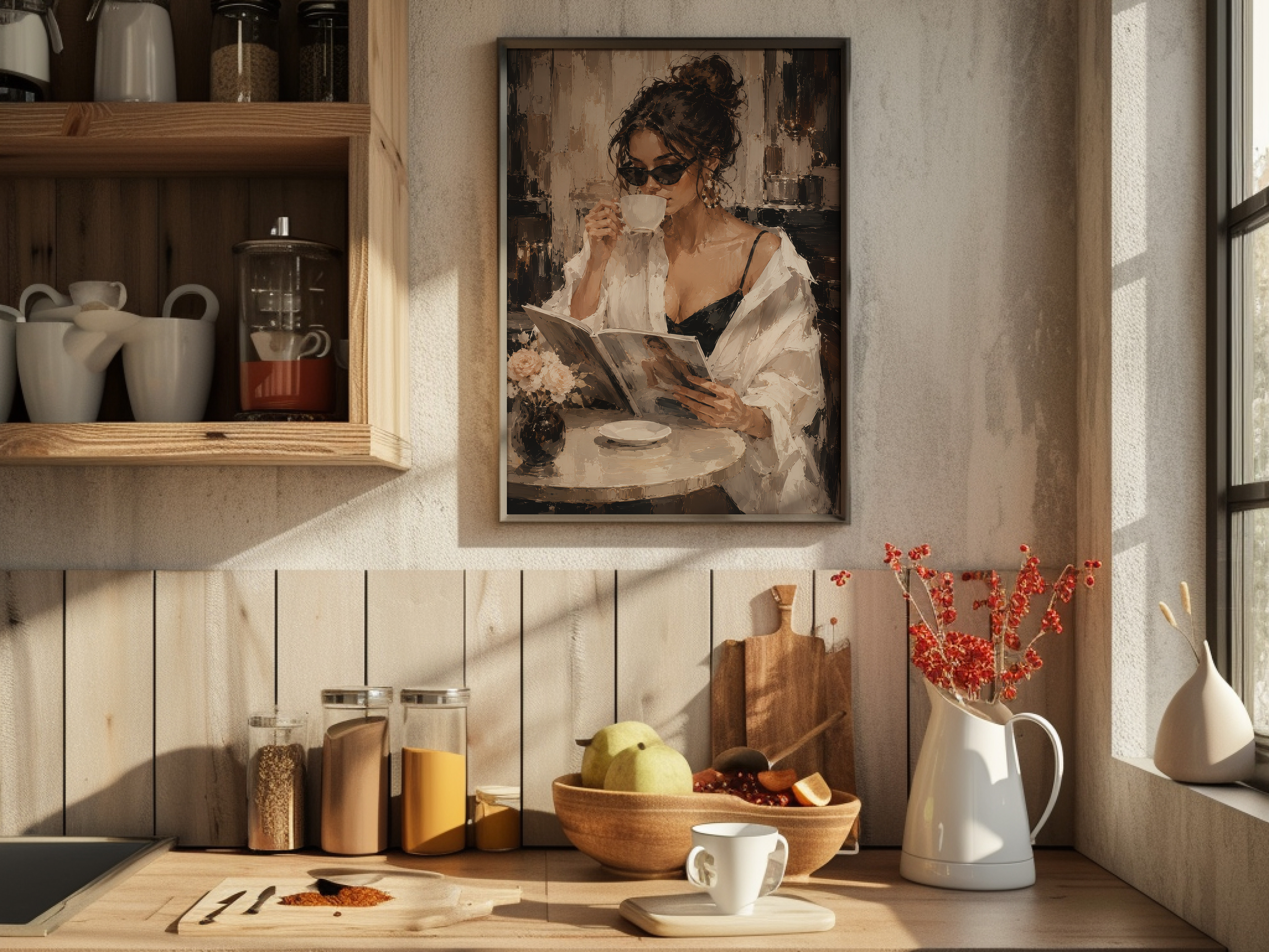 Chic Woman Coffee Bar Decor Poster, Café Fashion Wall Art, Living Room Wall Art