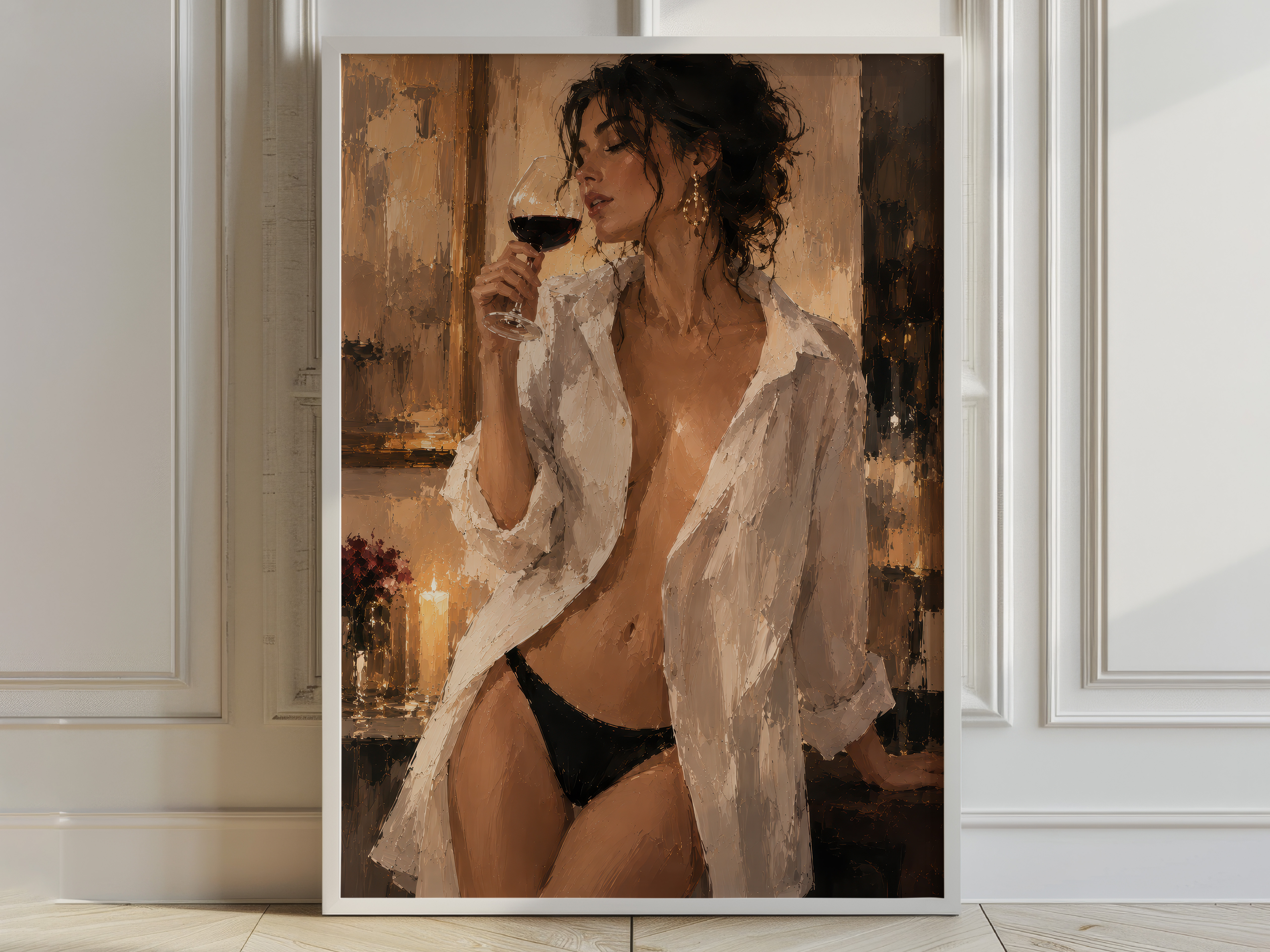 Woman Drinking Wine Poster, Sensual Living Room Wall Art, Candlelight Painting