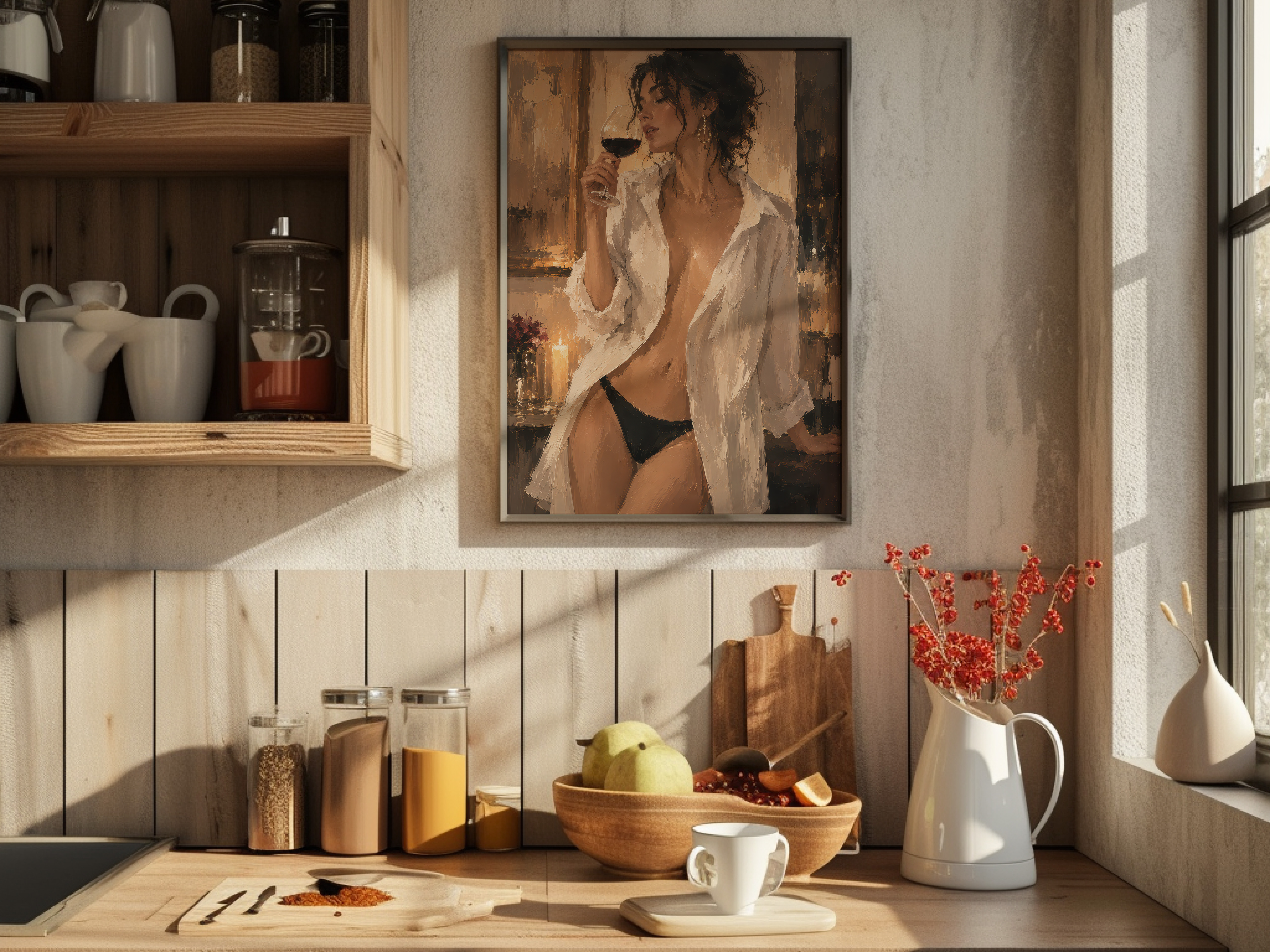 Woman Drinking Wine Poster, Sensual Living Room Wall Art, Candlelight Painting