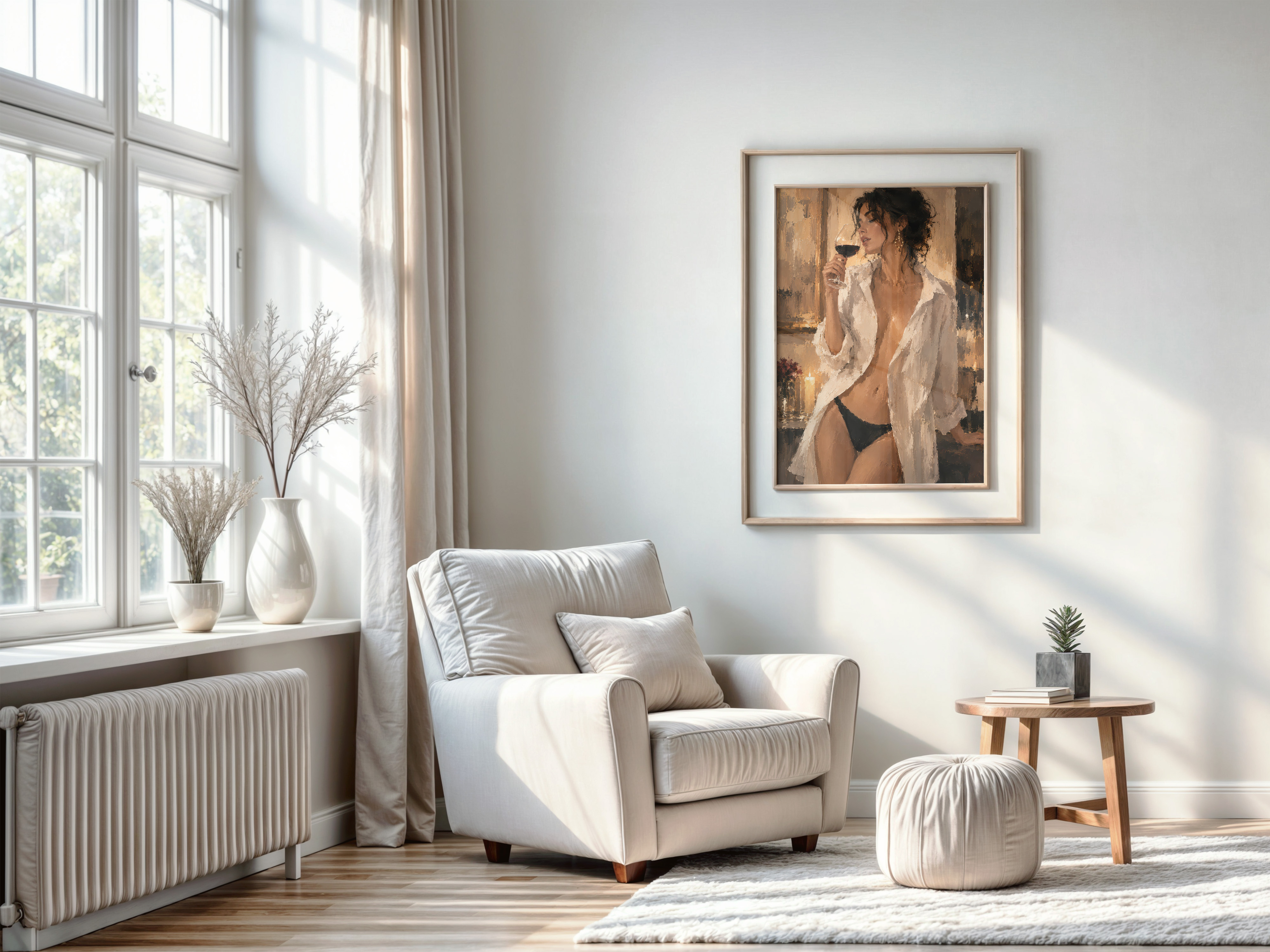 Woman Drinking Wine Poster, Sensual Living Room Wall Art, Candlelight Painting