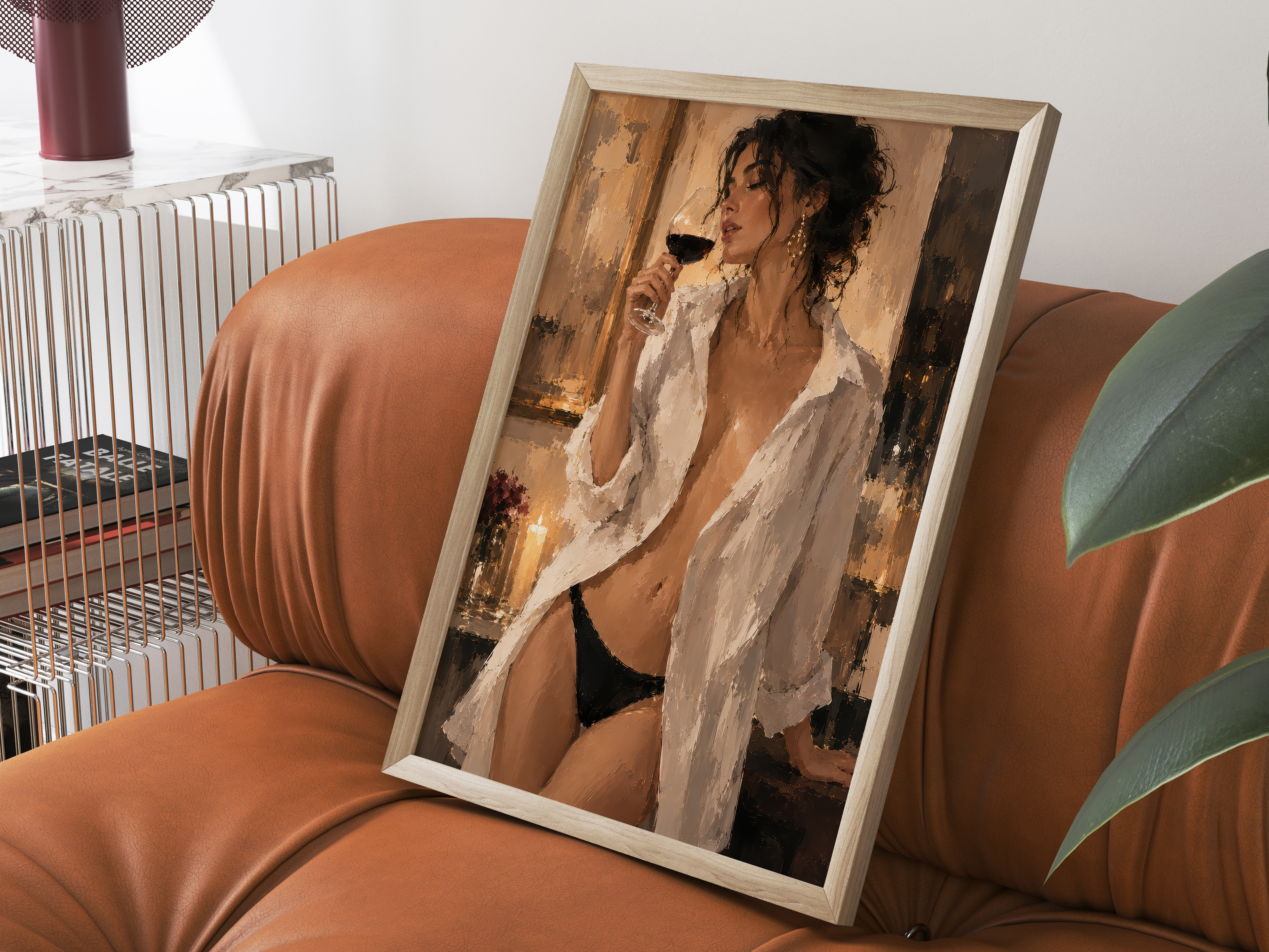 Woman Drinking Wine Poster, Sensual Living Room Wall Art, Candlelight Painting