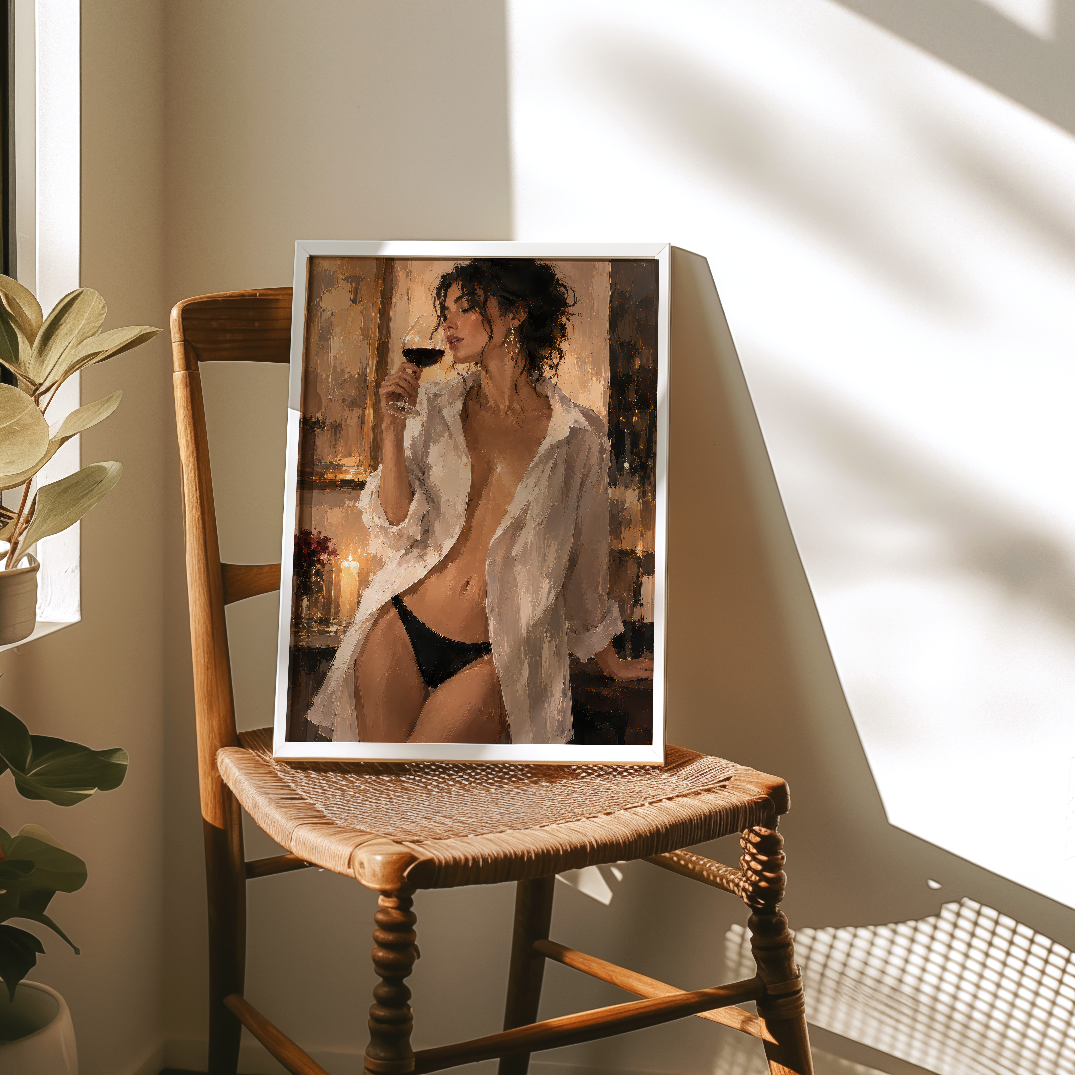 Woman Drinking Wine Poster, Sensual Living Room Wall Art, Candlelight Painting