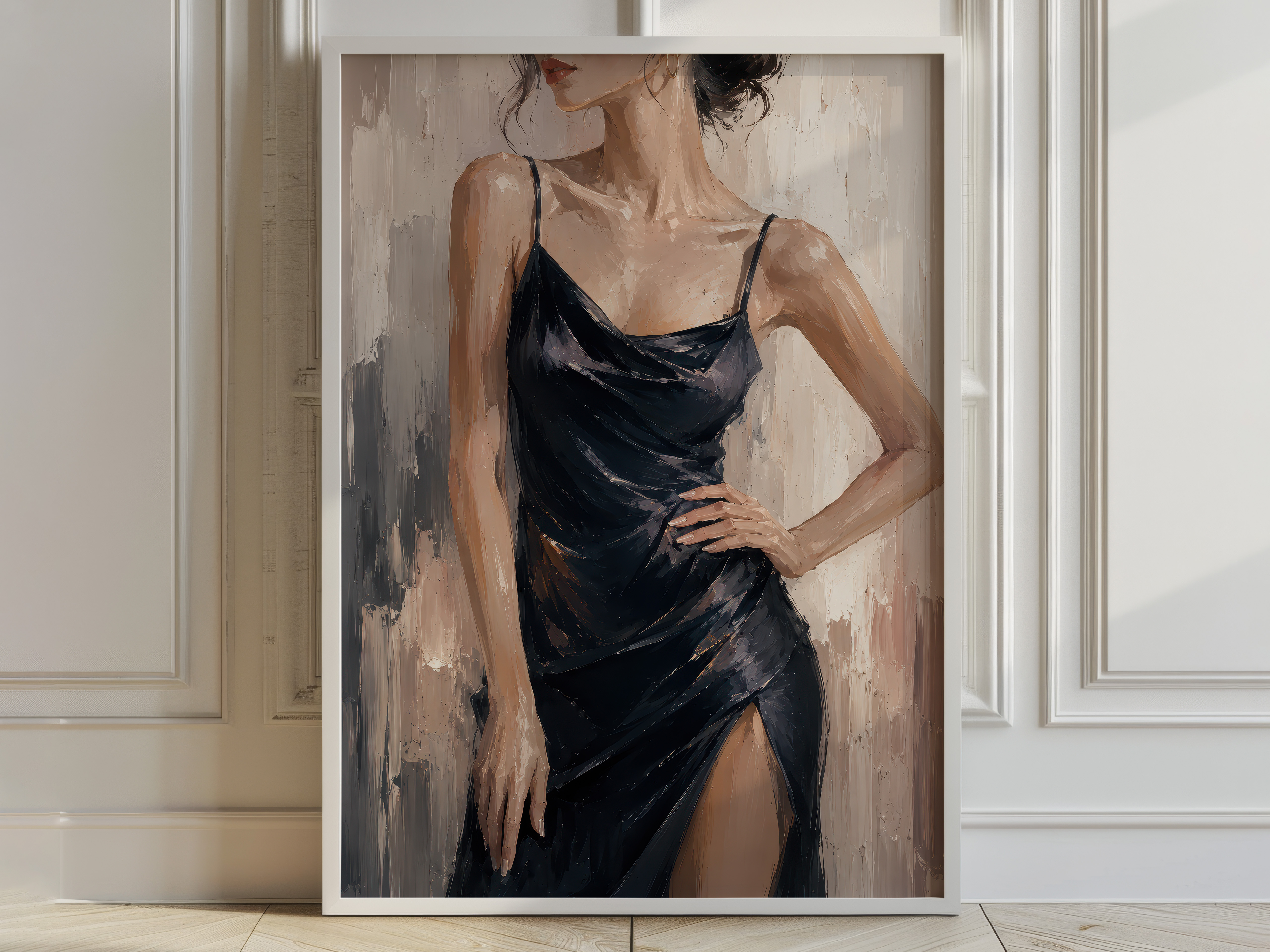 Elegant Woman Print, Black Silk Dress Living Room Wall Art, Modern Fashion Poster