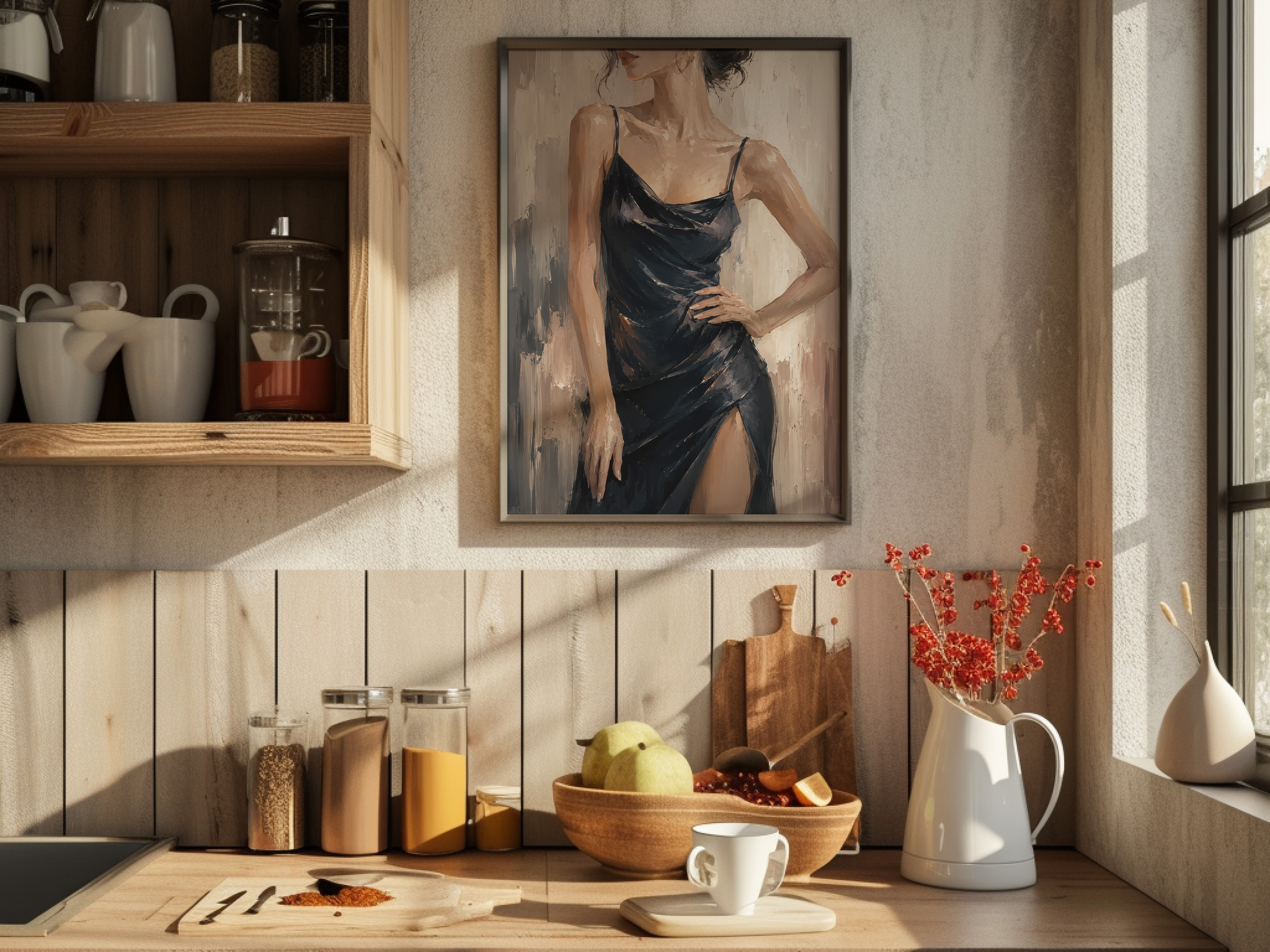 Elegant Woman Print, Black Silk Dress Living Room Wall Art, Modern Fashion Poster