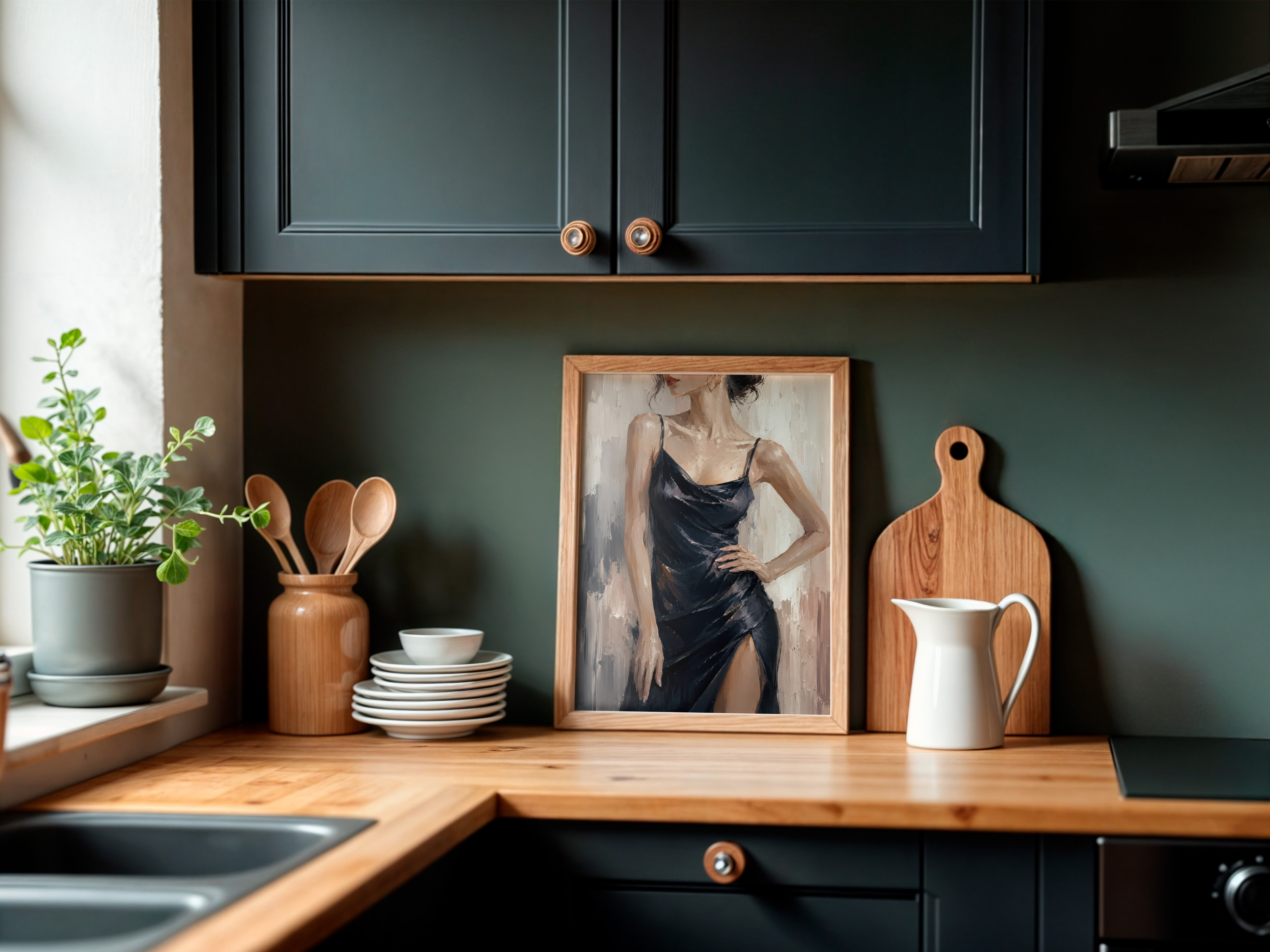 Elegant Woman Print, Black Silk Dress Living Room Wall Art, Modern Fashion Poster