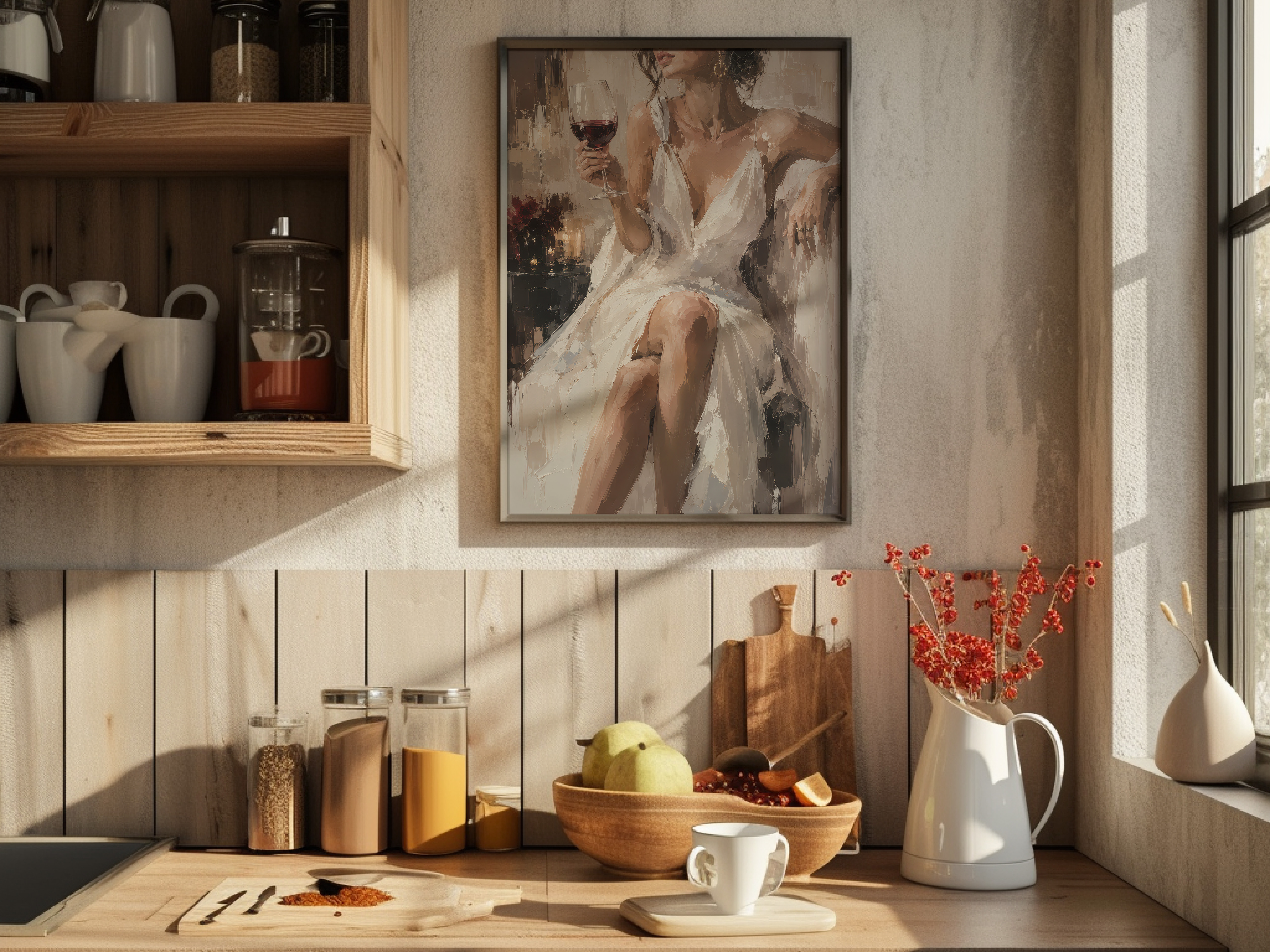 Coffee Wall Art Poster, Tiny Woman Climbing Giant Mug, Kitchen Wall Art