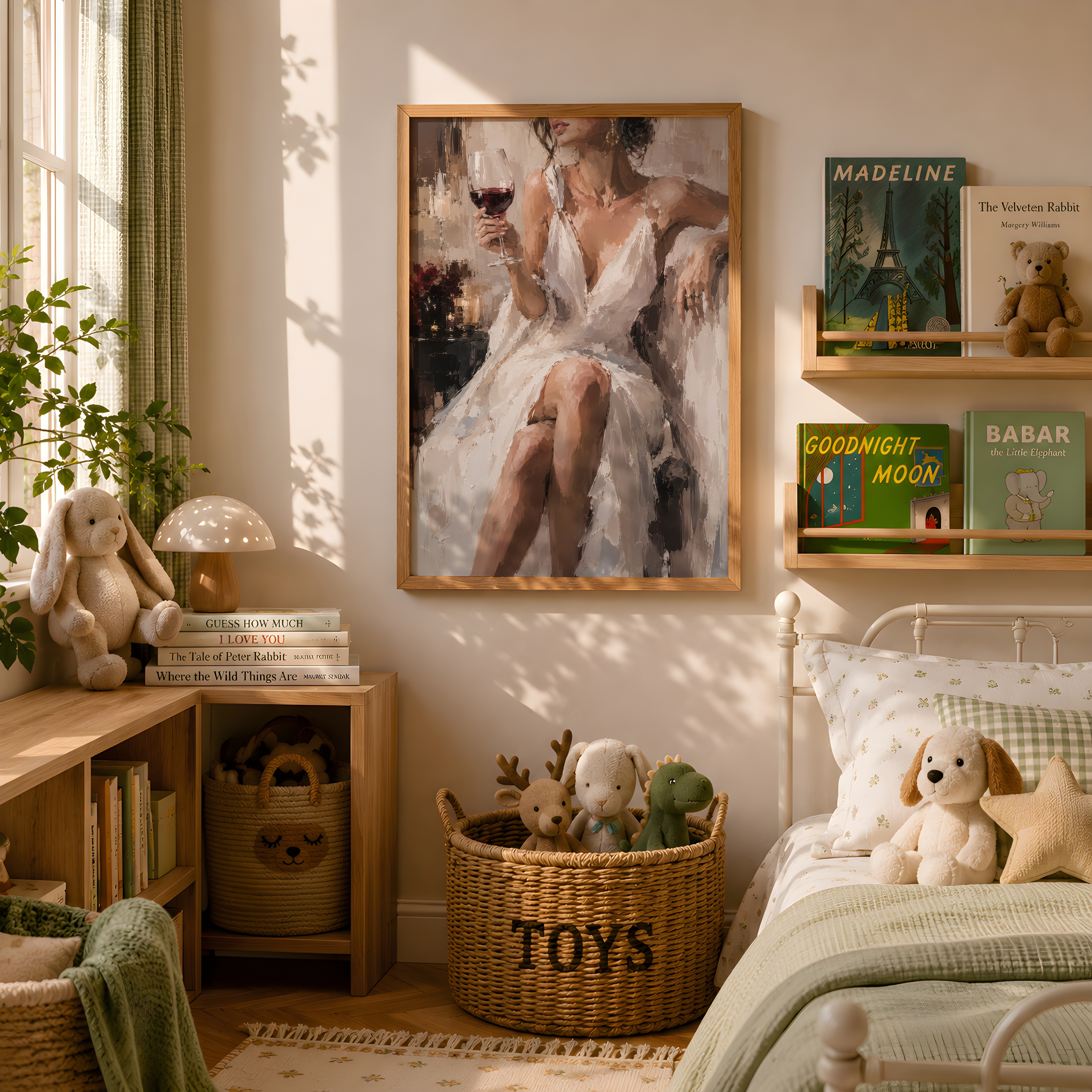 Coffee Wall Art Poster, Tiny Woman Climbing Giant Mug, Kitchen Wall Art