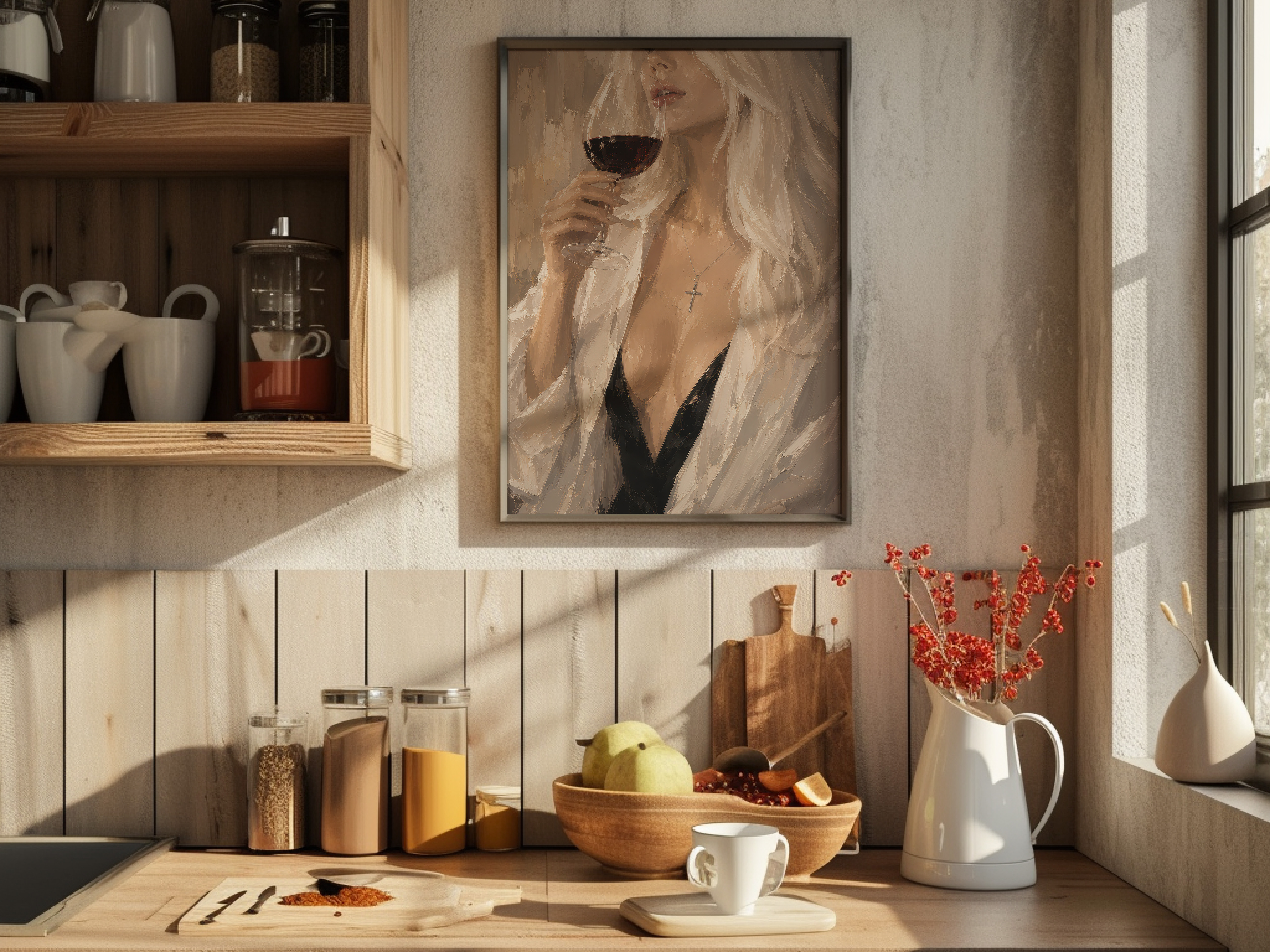 Woman Sipping Red Wine Poster, Elegant Living Room Wall Art