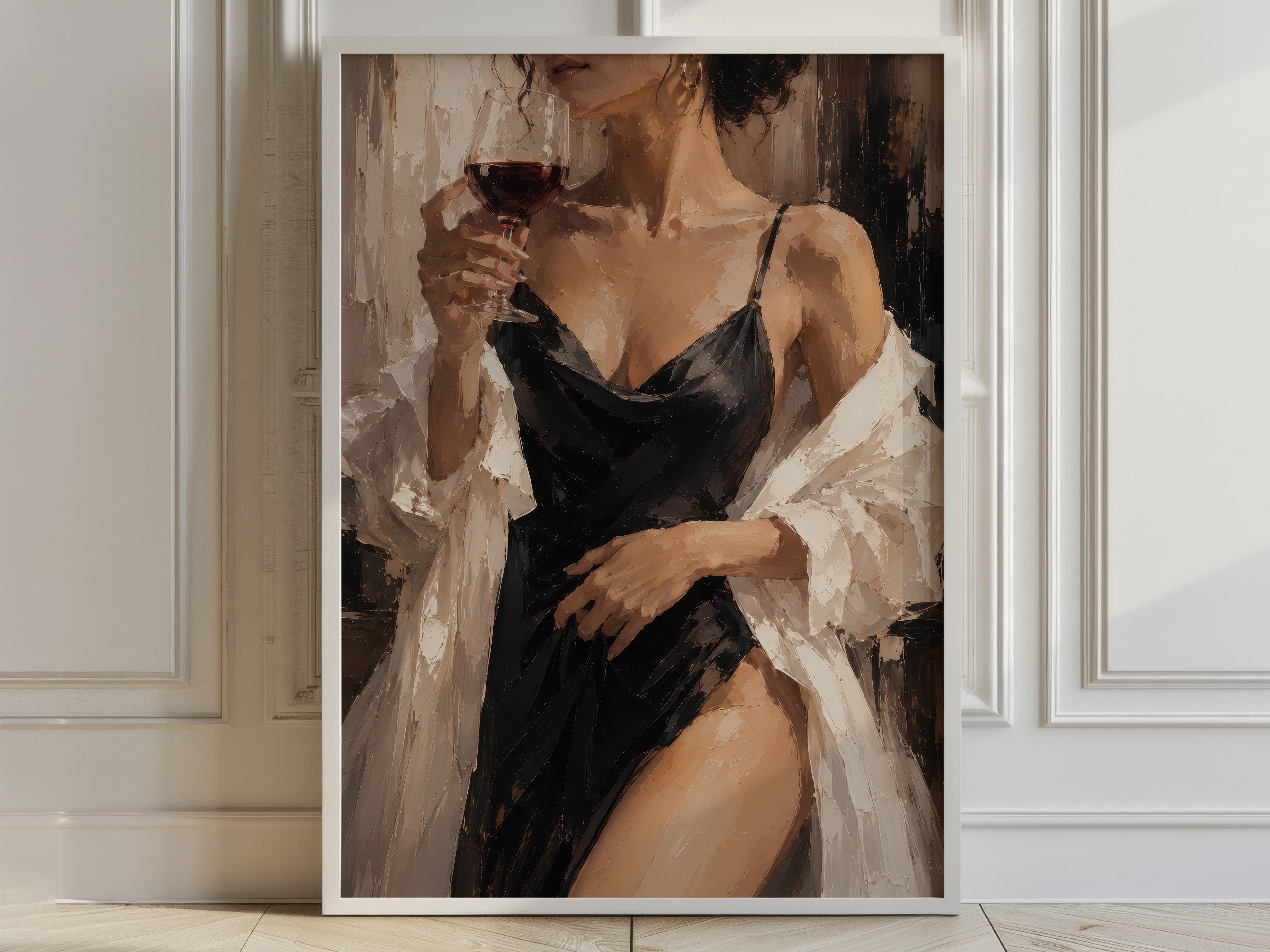 Elegant Woman Oil Painting, Wine Glass Living Room Wall Art, Modern Bar Poster