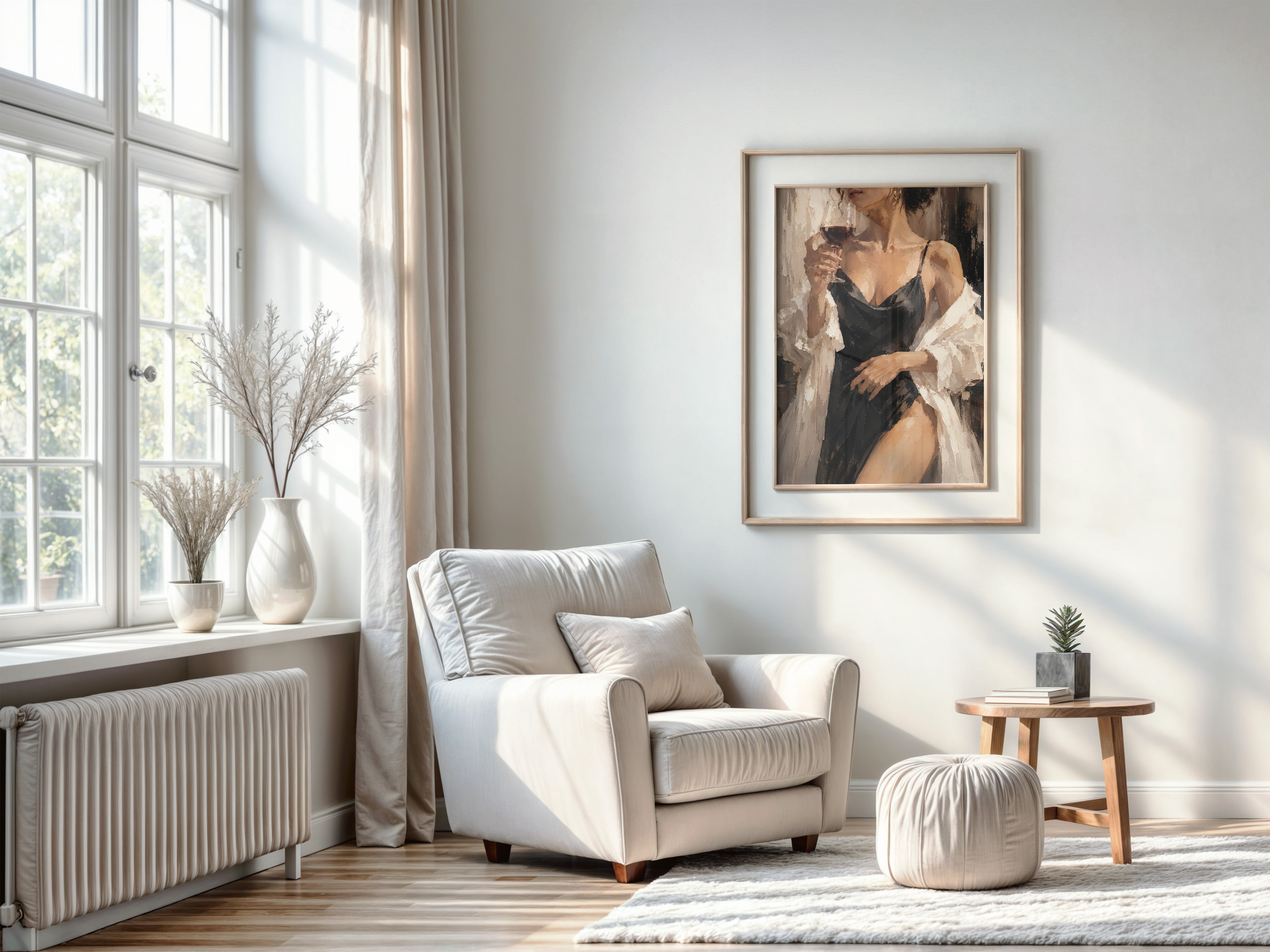 Elegant Woman Oil Painting, Wine Glass Living Room Wall Art, Modern Bar Poster