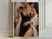 Elegant Woman Oil Painting, Wine Glass Living Room Wall Art, Modern Bar Poster