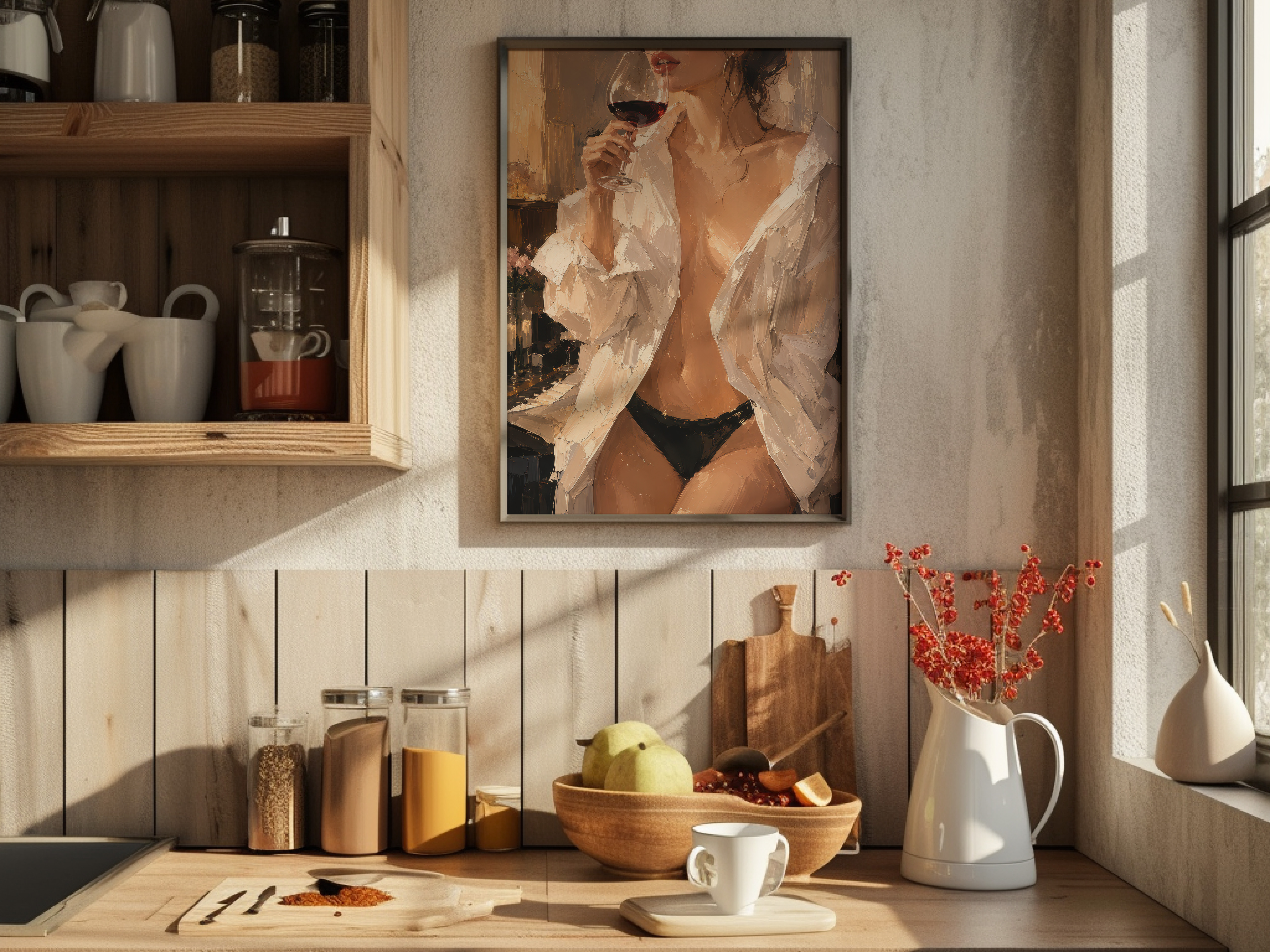 Woman Sipping Red Wine Poster, Living Room Wall Art, Moody Bar Decor