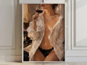 Woman Sipping Red Wine Poster, Living Room Wall Art, Moody Bar Decor