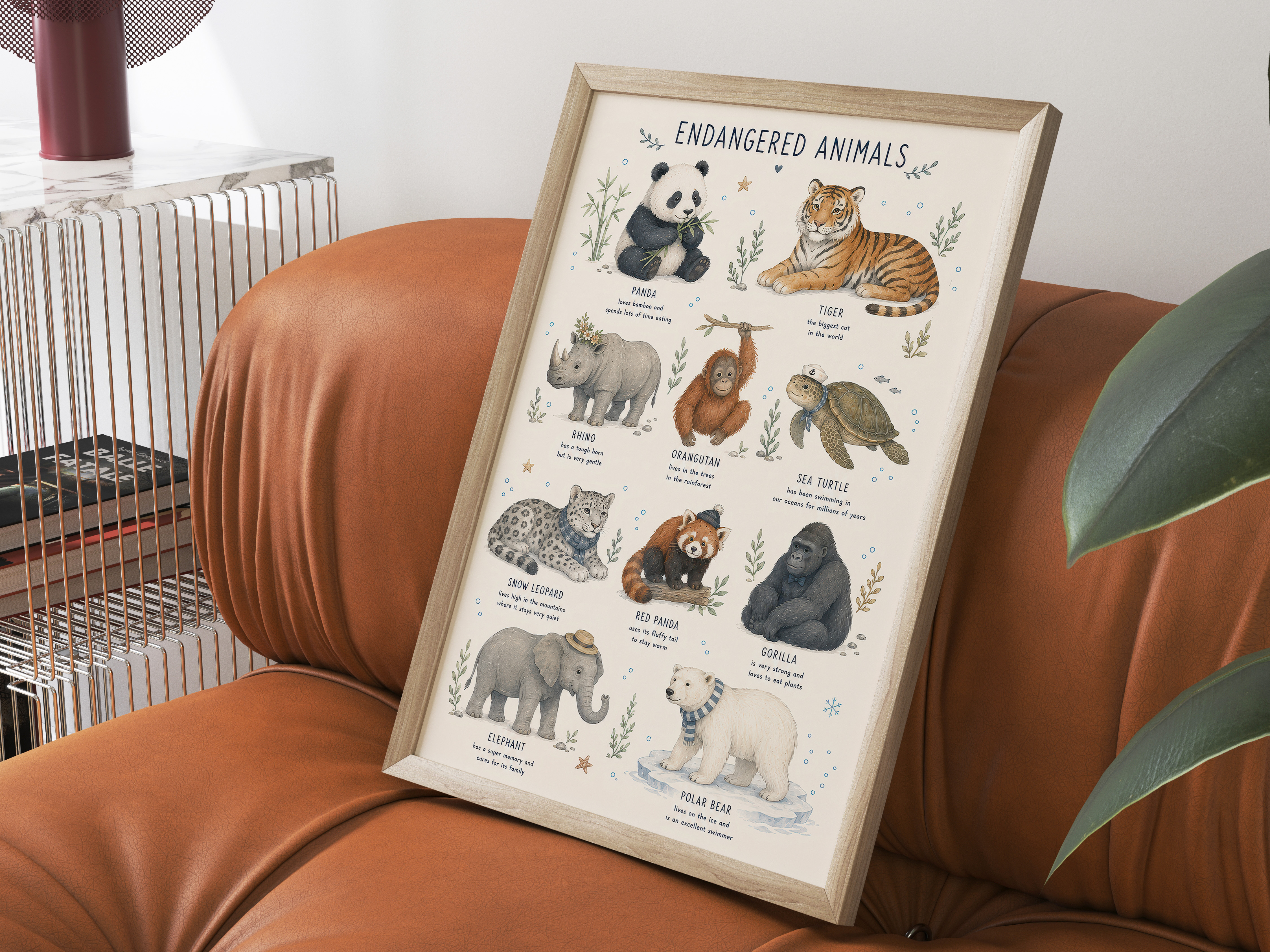Endangered Animals Poster, Watercolor Living Room Wall Art, Kids Room Decor