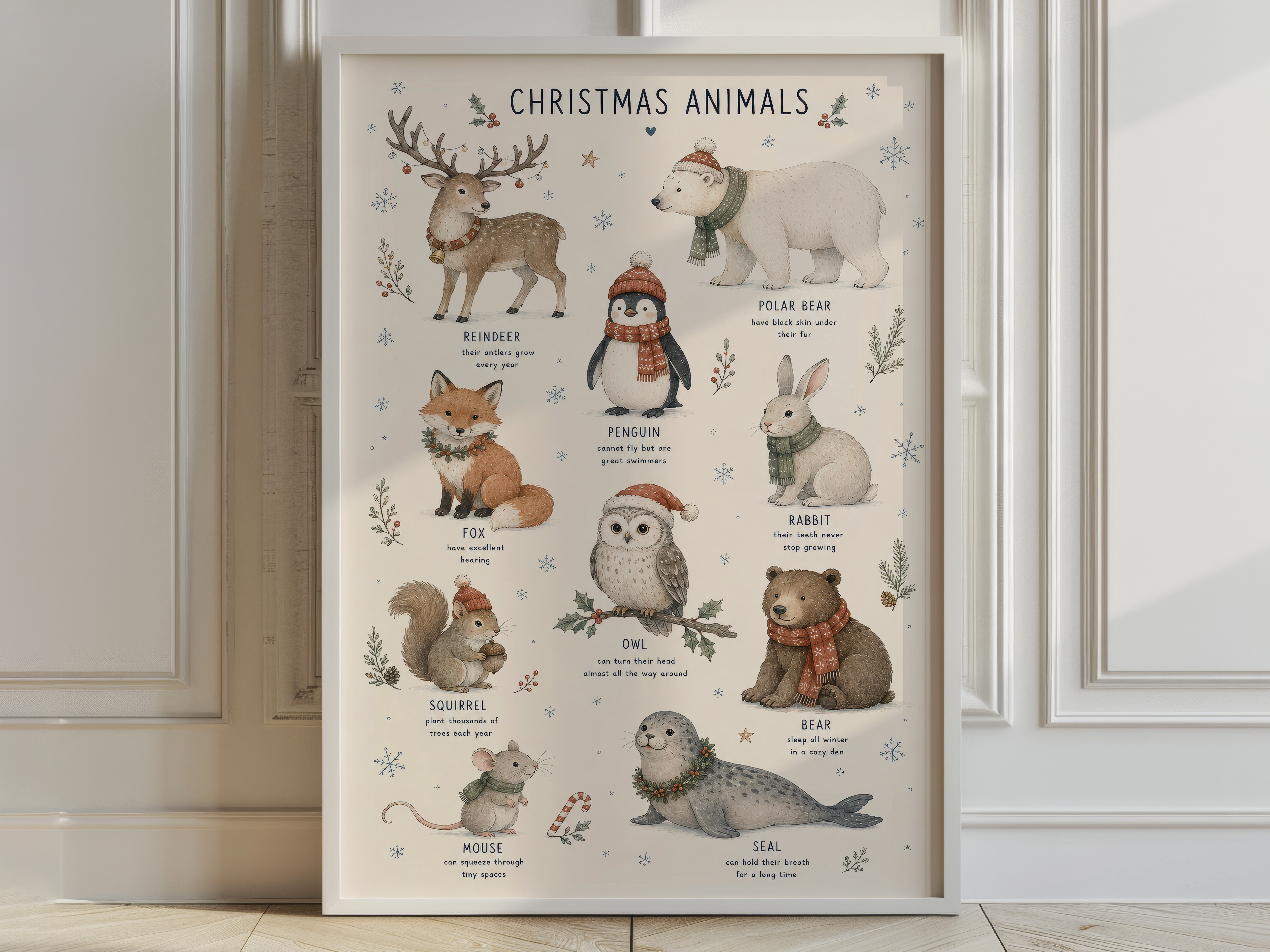 Winter Animals Christmas Chart Poster, Nursery Room Decor Aesthetic, Kids Wall Art