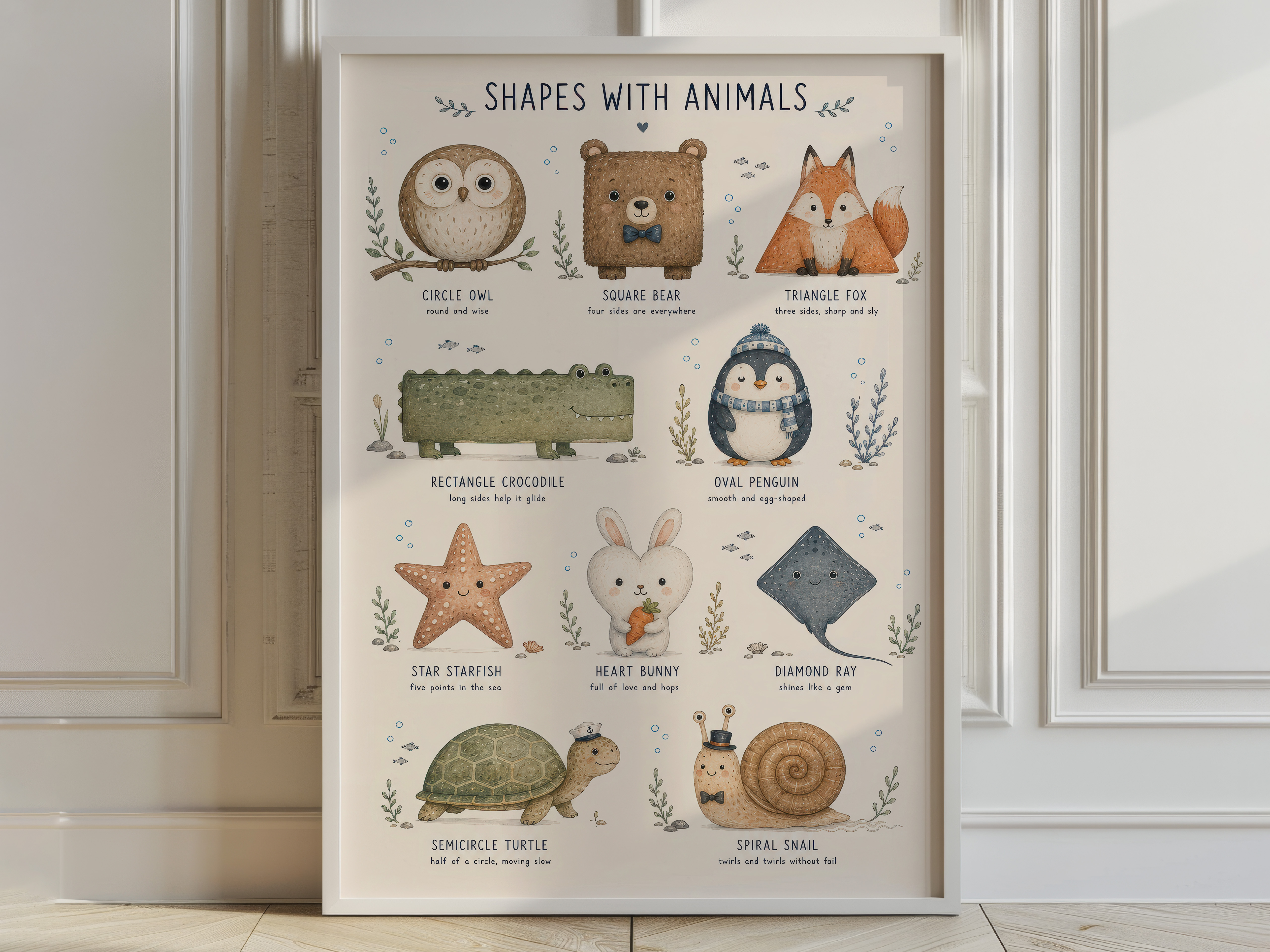 Shapes Animals Poster, Baby Boy Nursery Wall Art, Educational Kids Room Decor
