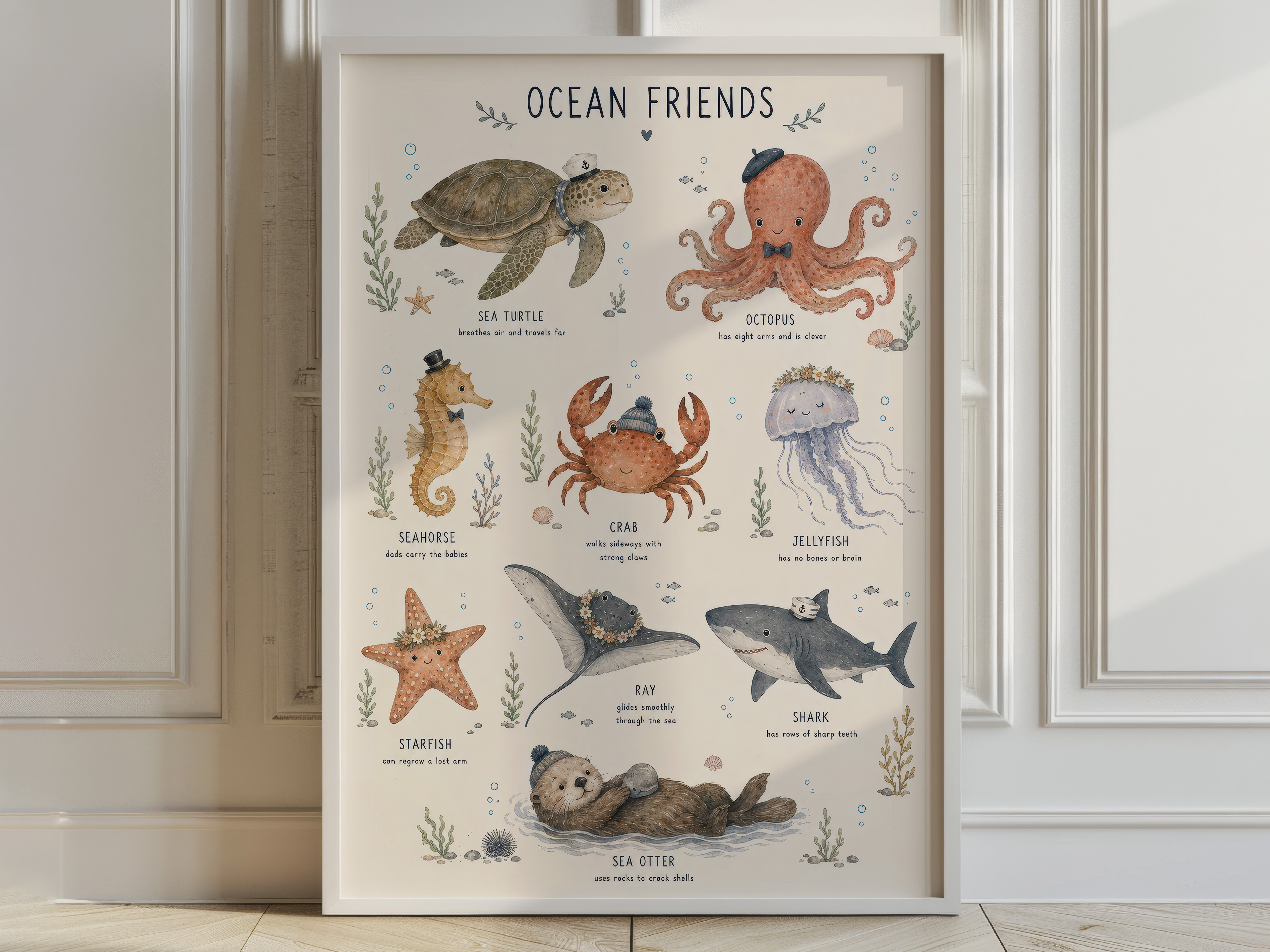 Ocean Friends Chart Poster, Baby Boy Nursery Wall Art, Watercolor Sea Creatures
