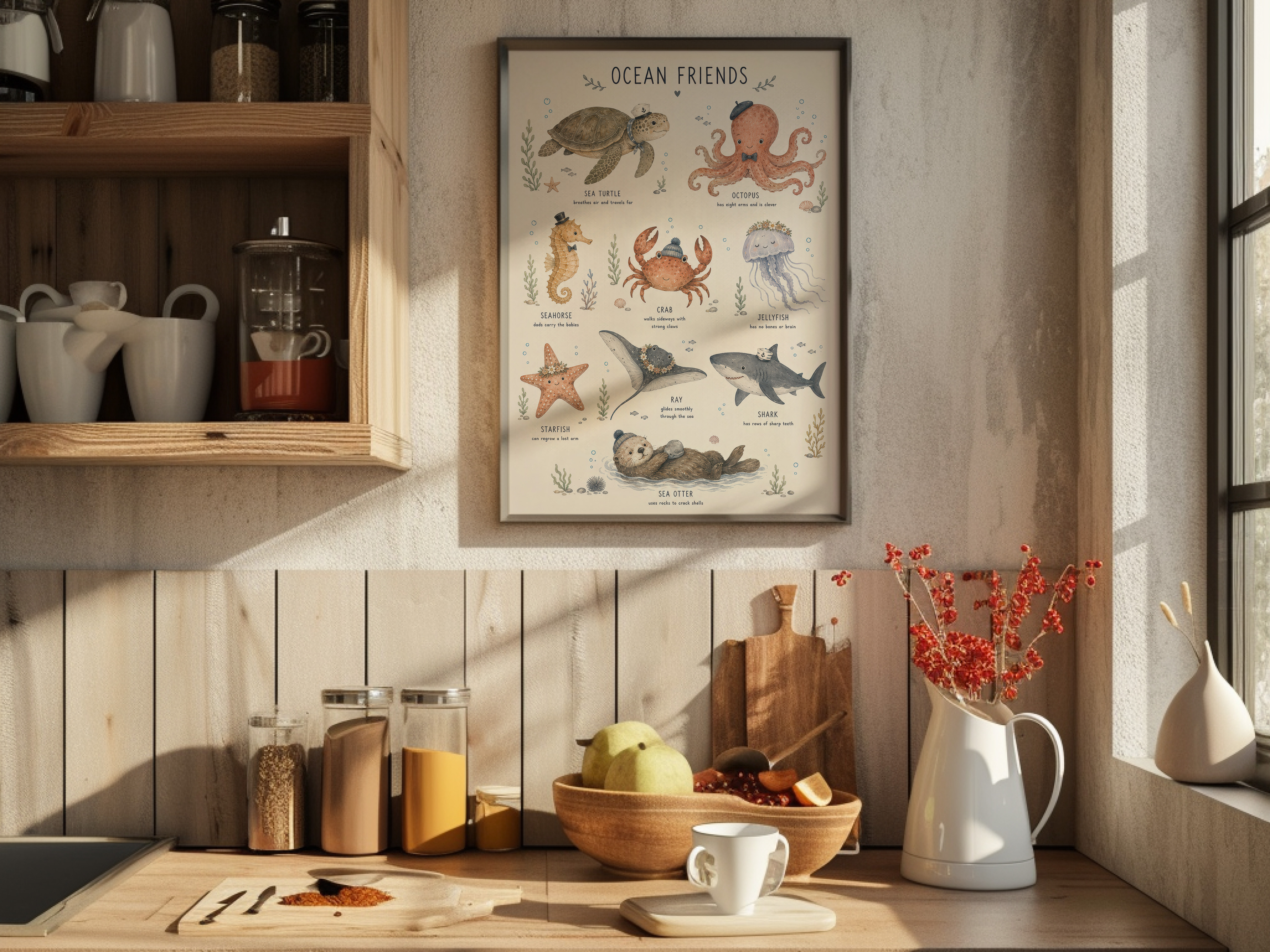 Ocean Friends Chart Poster, Baby Boy Nursery Wall Art, Watercolor Sea Creatures