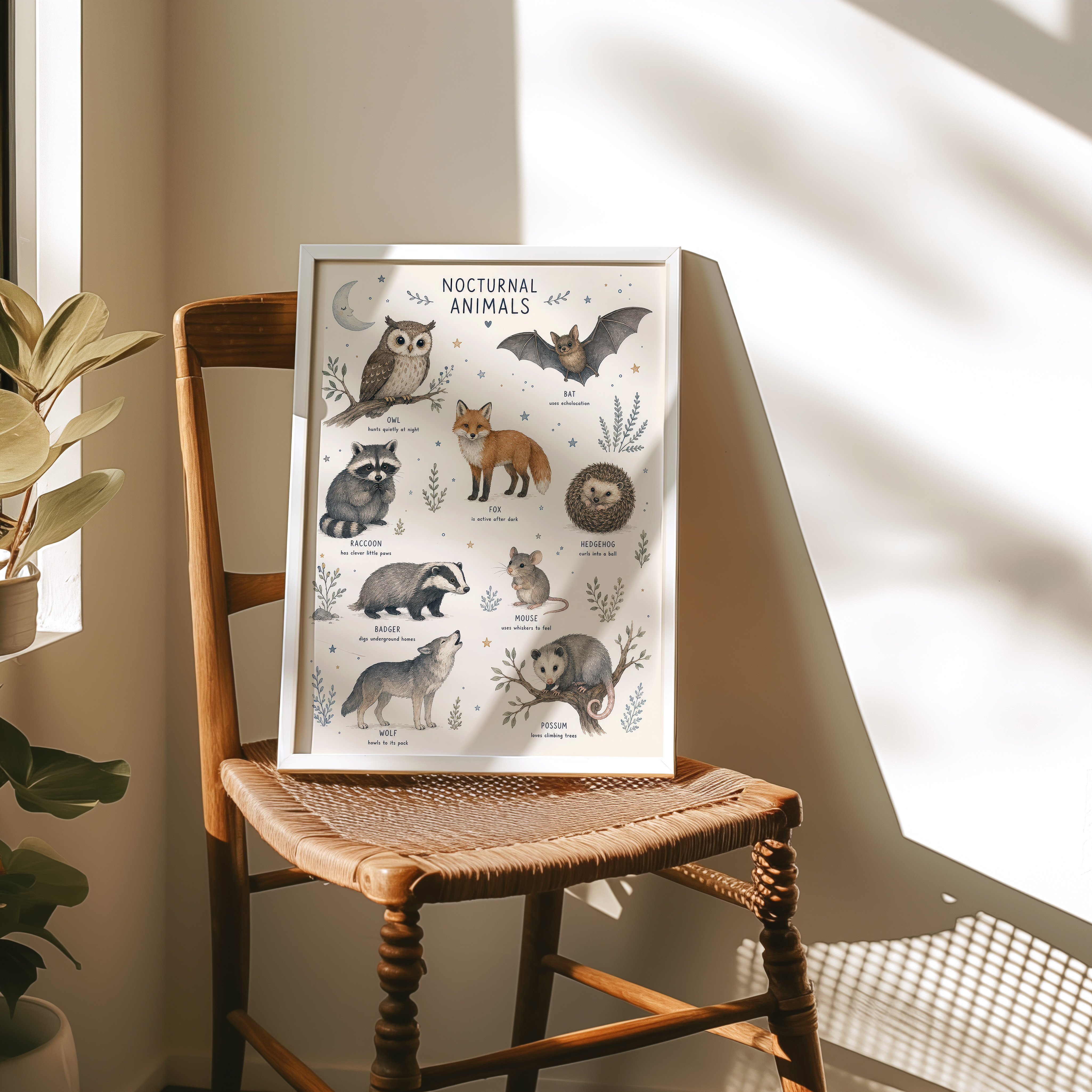 Nocturnal Animals Poster, Nursery Wall Art Chart, Moonlit Woodland Room Decor