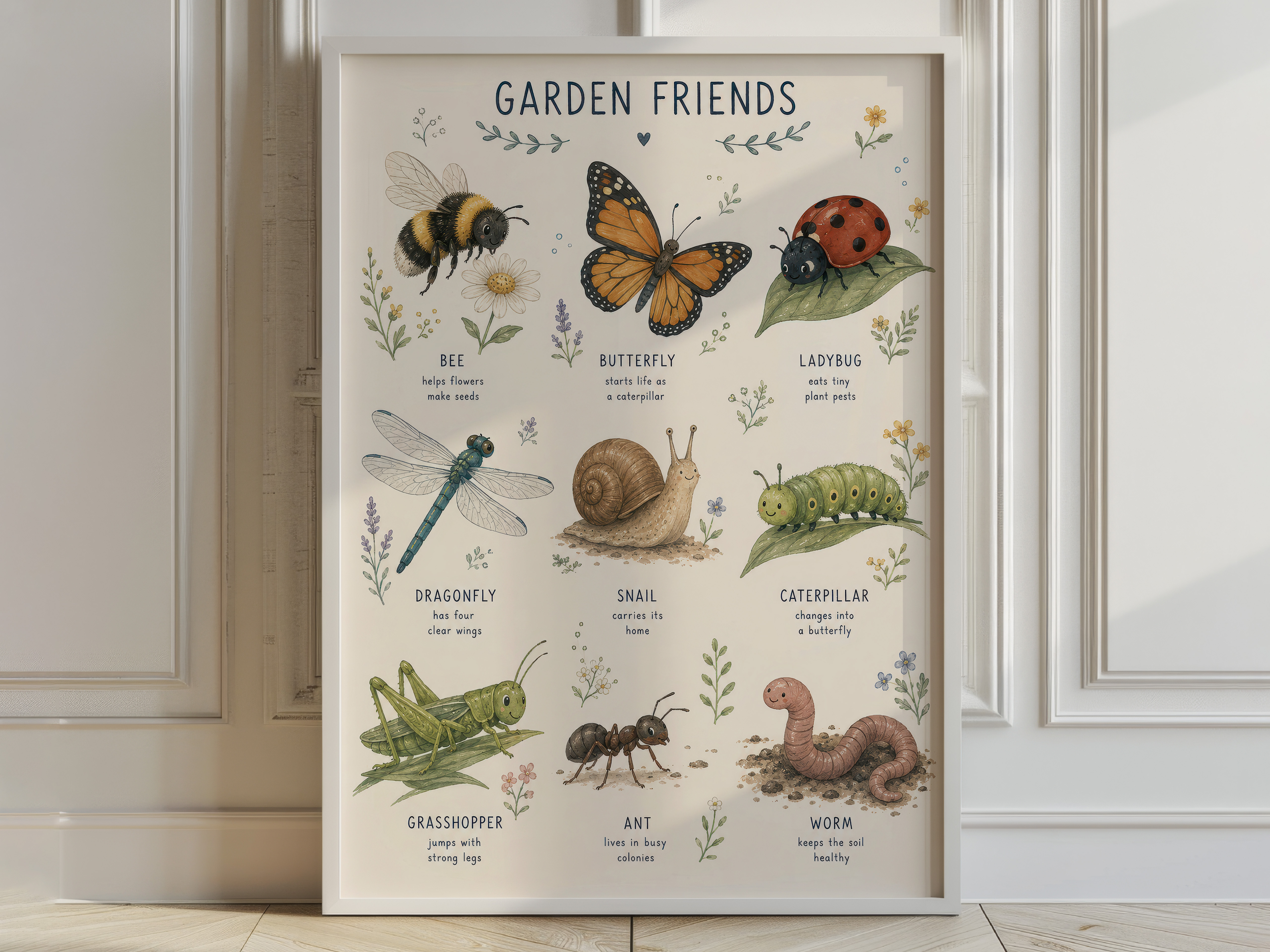 Garden Friends Poster, Kids Room Decor Nature Chart, Bedroom Wall Art