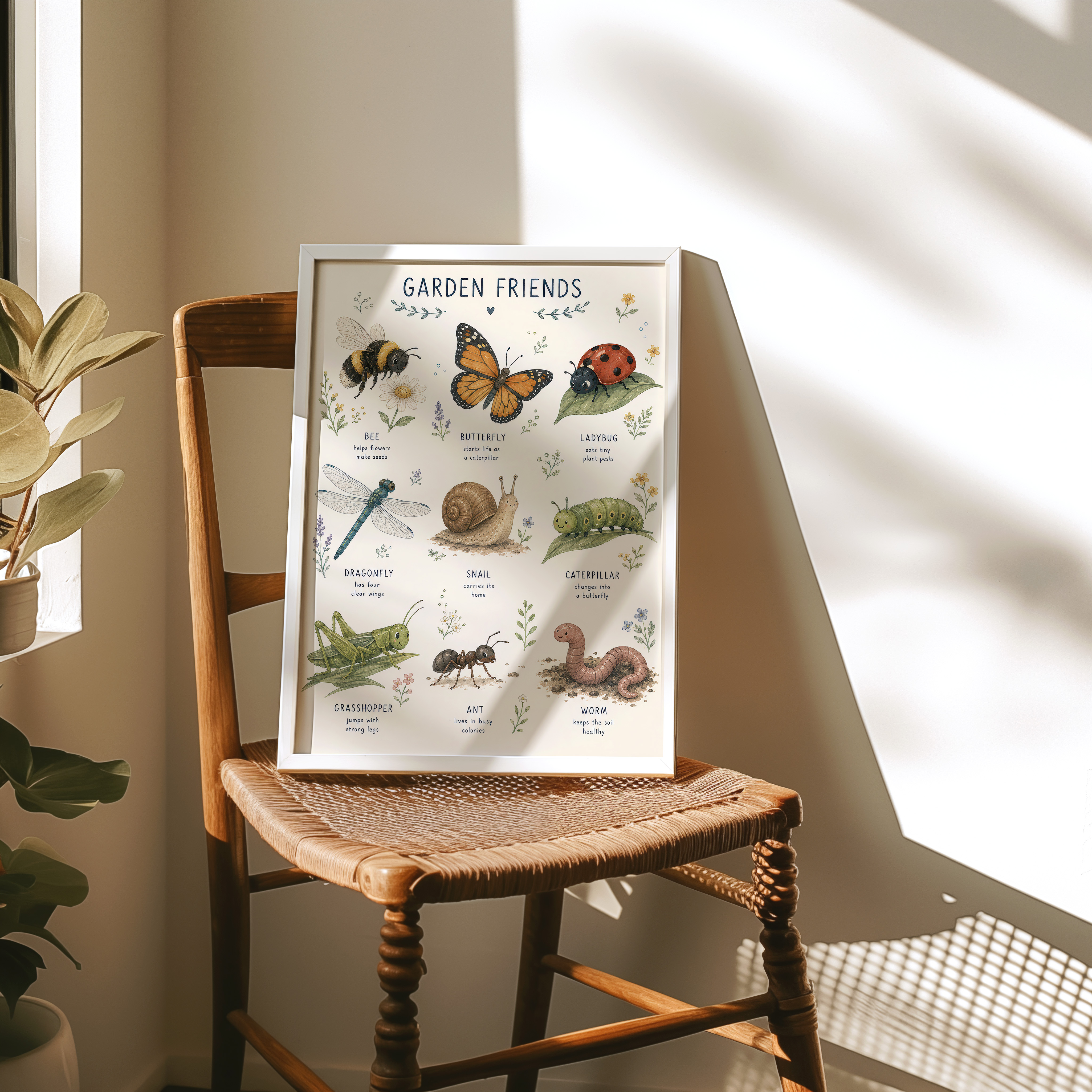 Garden Friends Poster, Kids Room Decor Nature Chart, Bedroom Wall Art