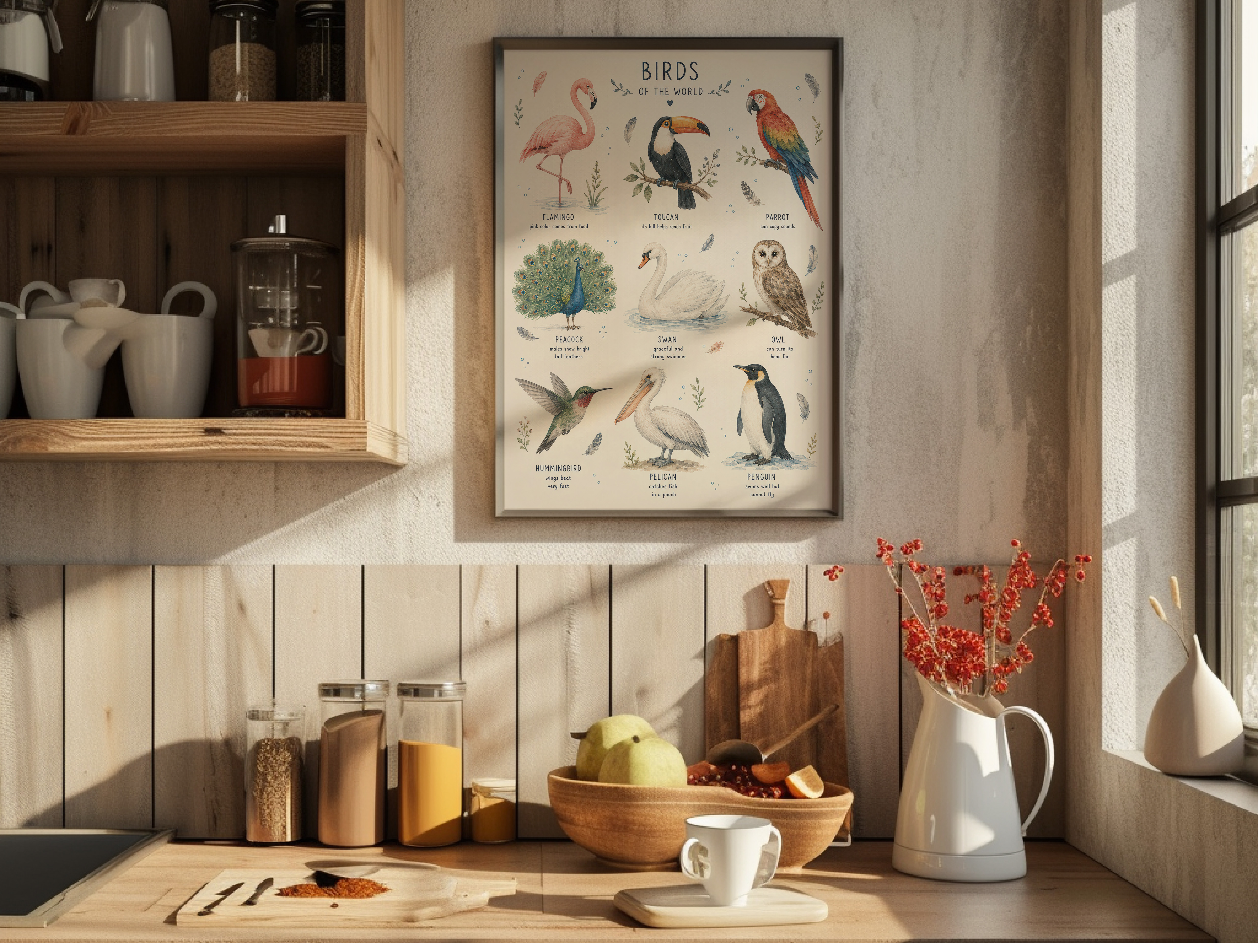 Birds of the World Poster, Watercolor Living Room Wall Art, Educational Nursery Chart