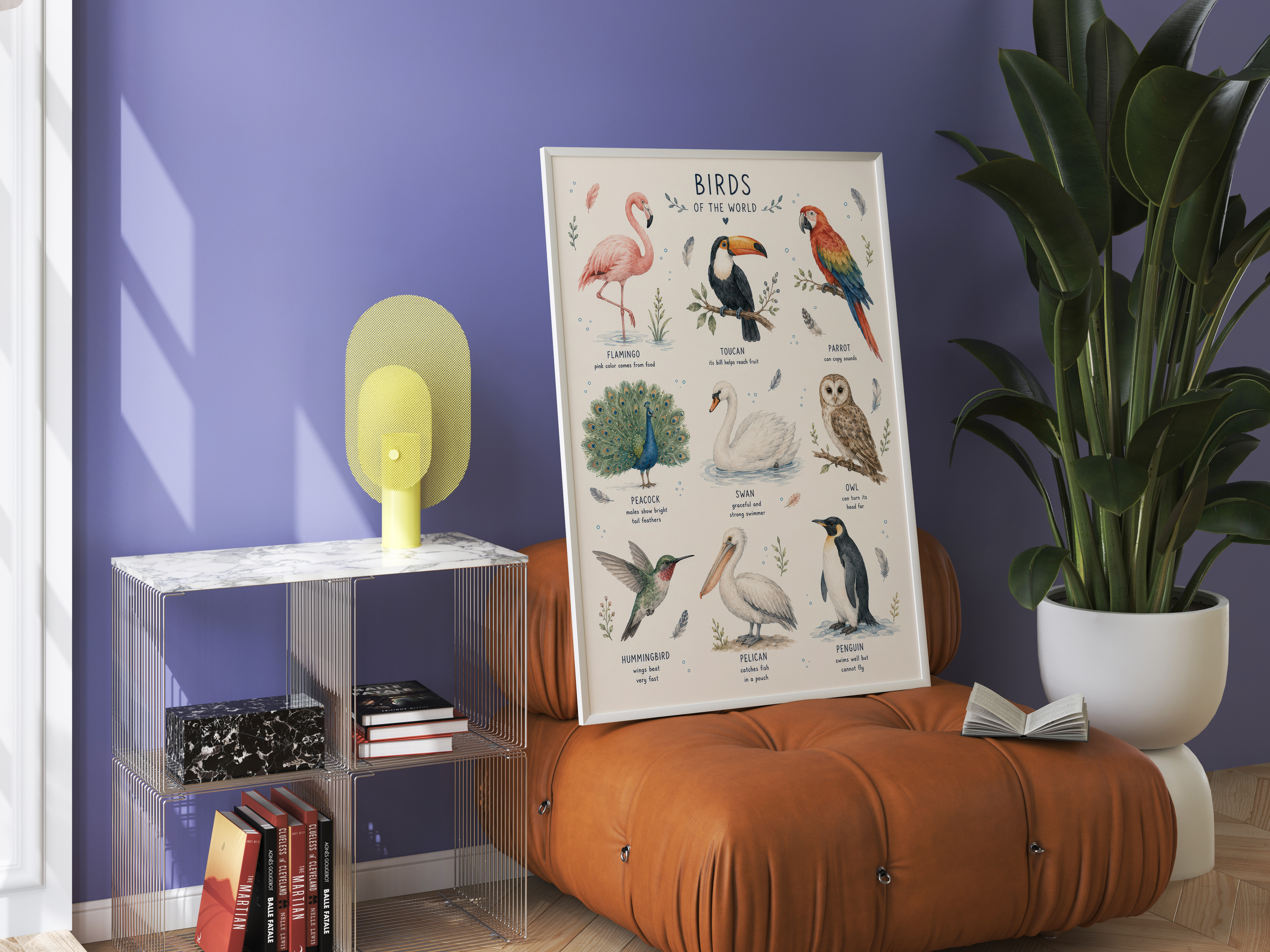 Birds of the World Poster, Watercolor Living Room Wall Art, Educational Nursery Chart
