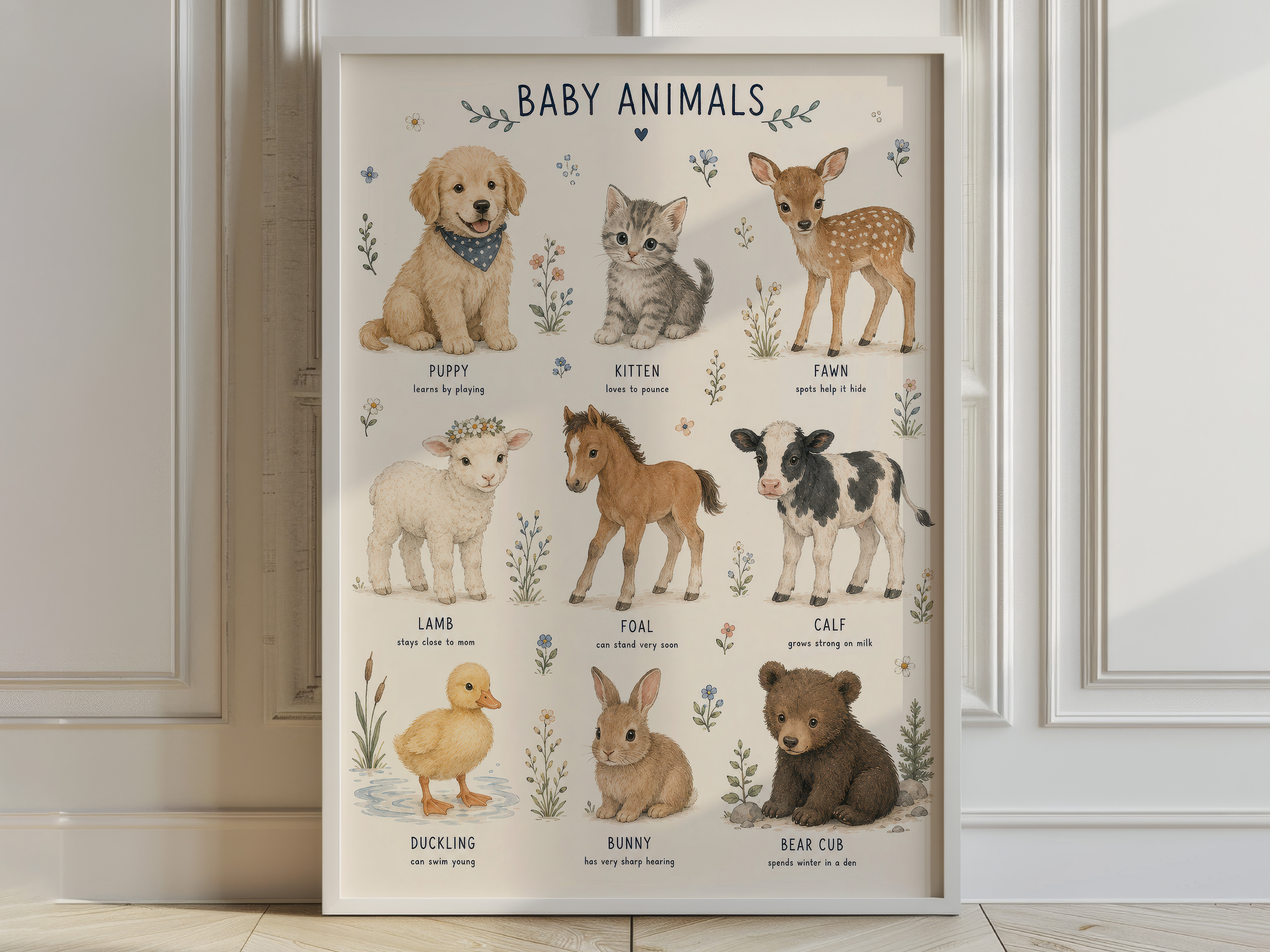 Baby Animals Nursery Print, Living Room Wall Art, Educational Watercolor Poster