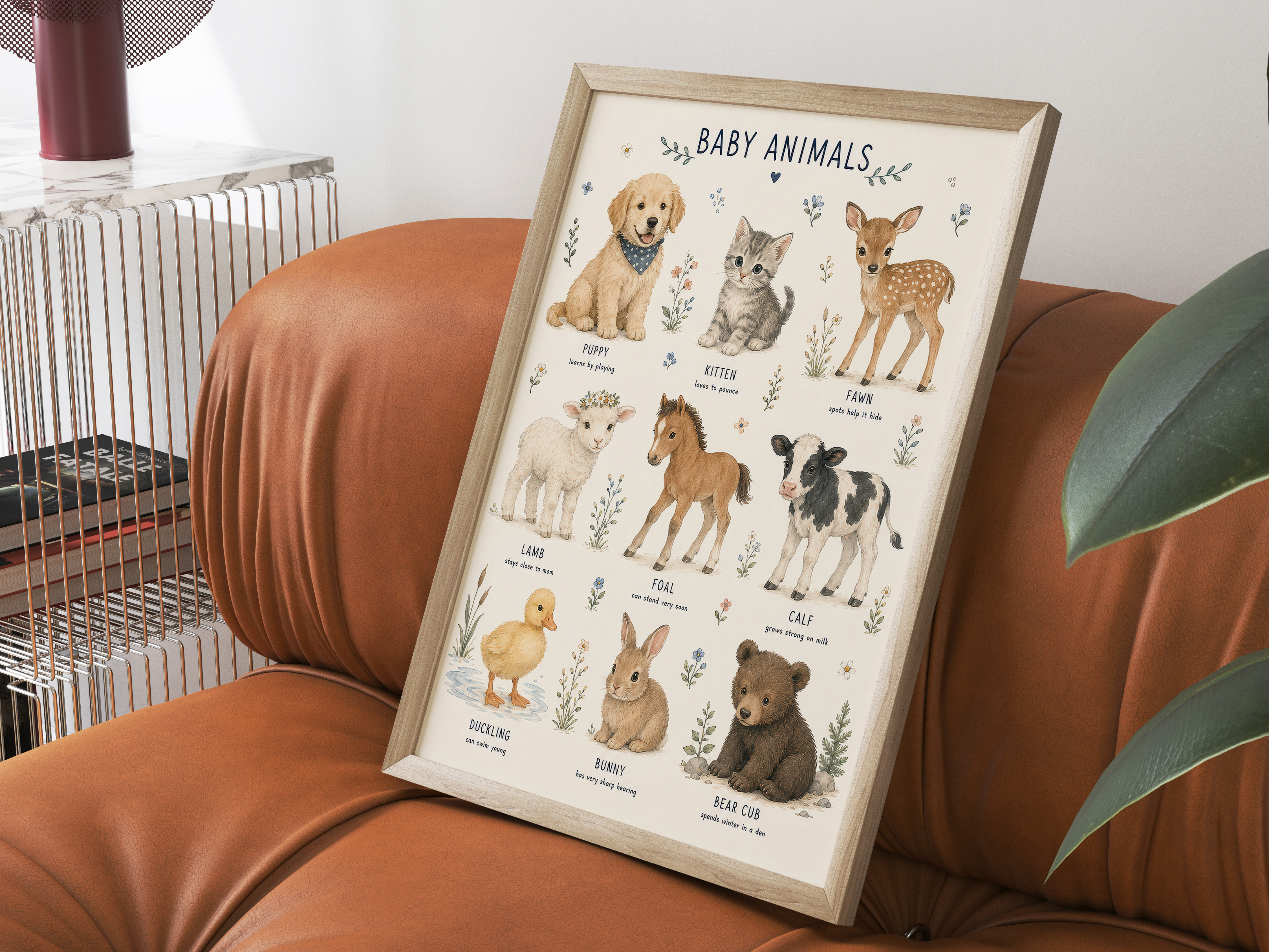 Baby Animals Nursery Print, Living Room Wall Art, Educational Watercolor Poster