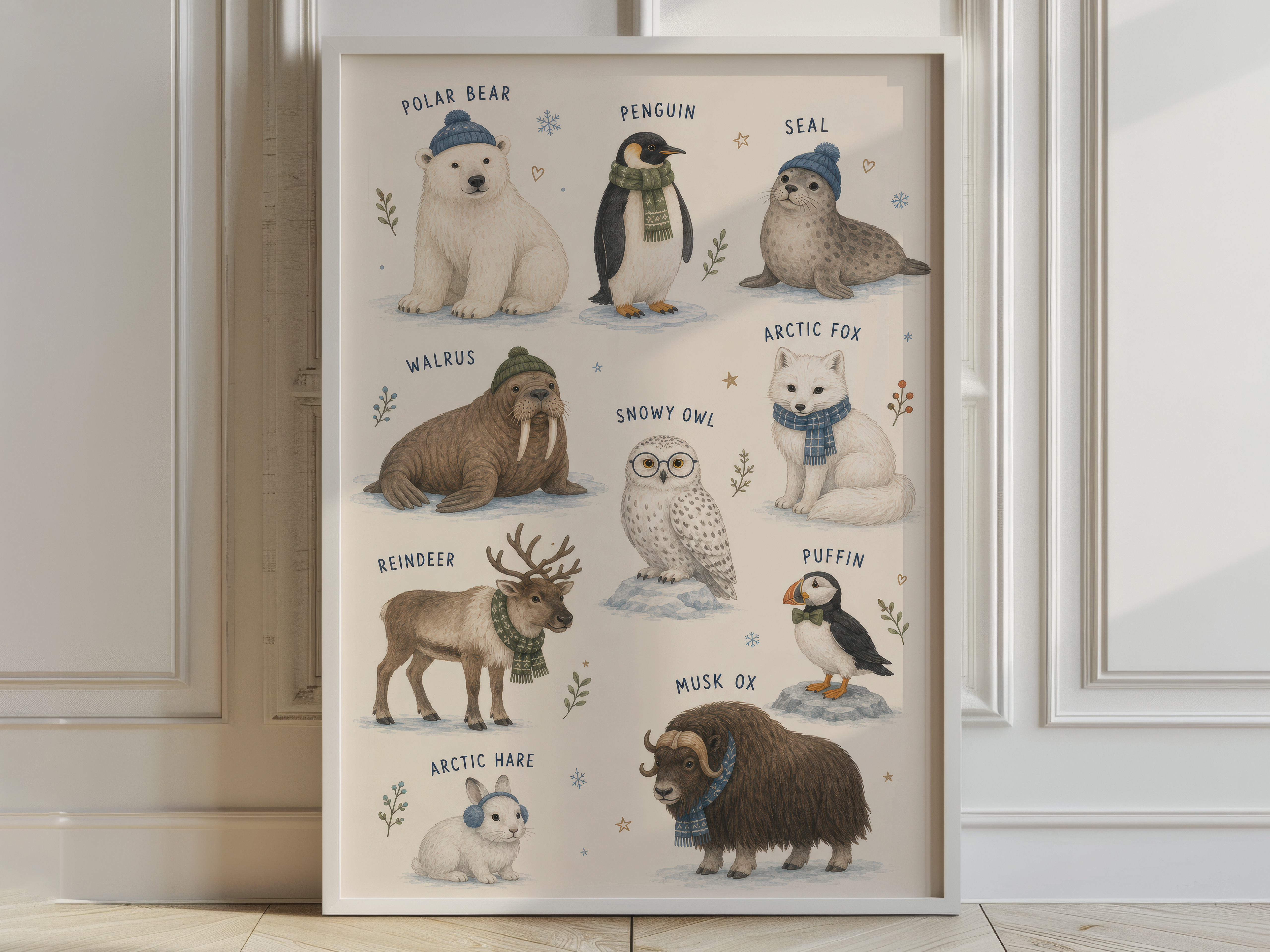 Arctic Animals Chart Poster, Cozy Watercolor Nursery Living Room Wall Art