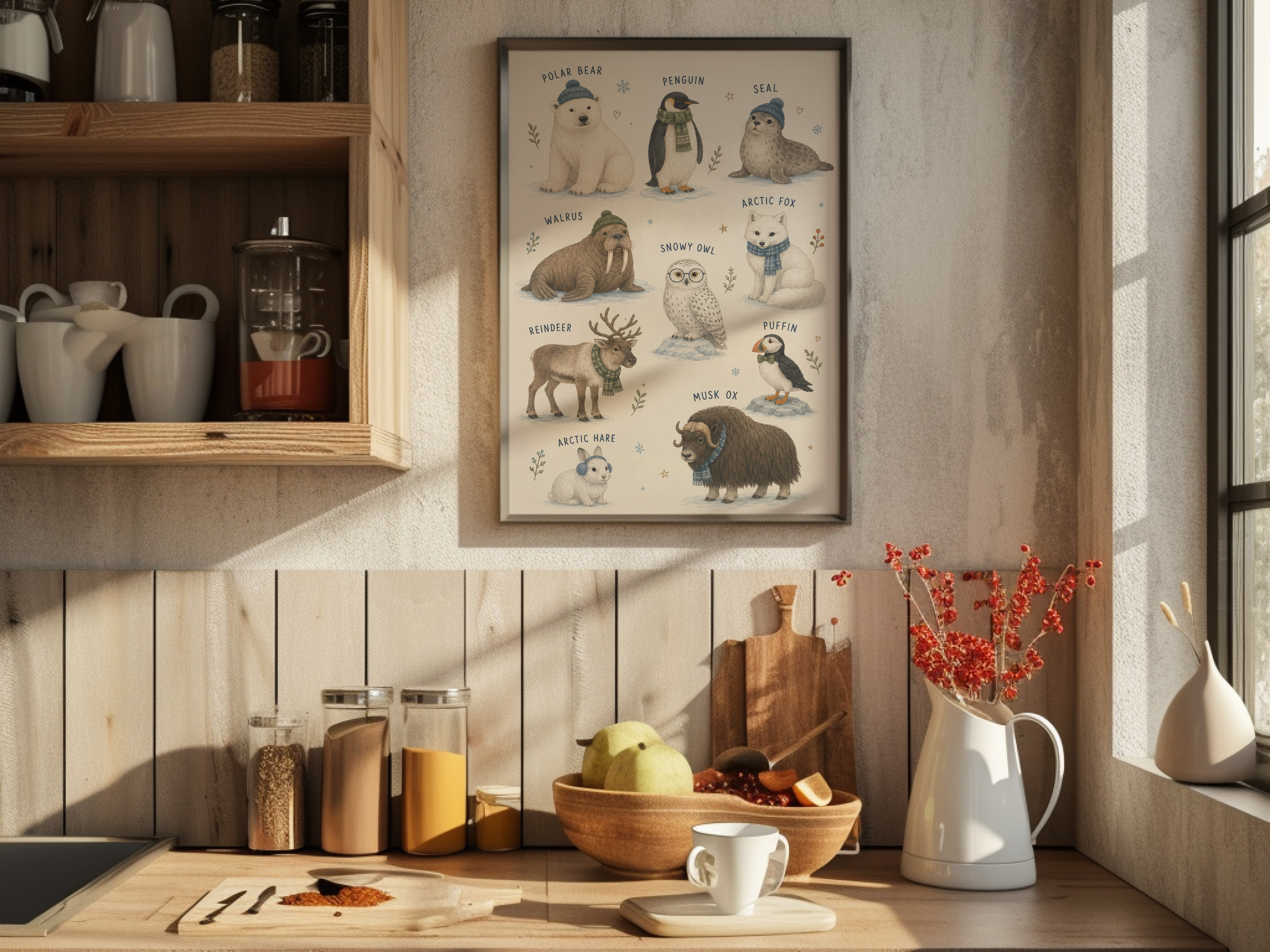 Arctic Animals Chart Poster, Cozy Watercolor Nursery Living Room Wall Art