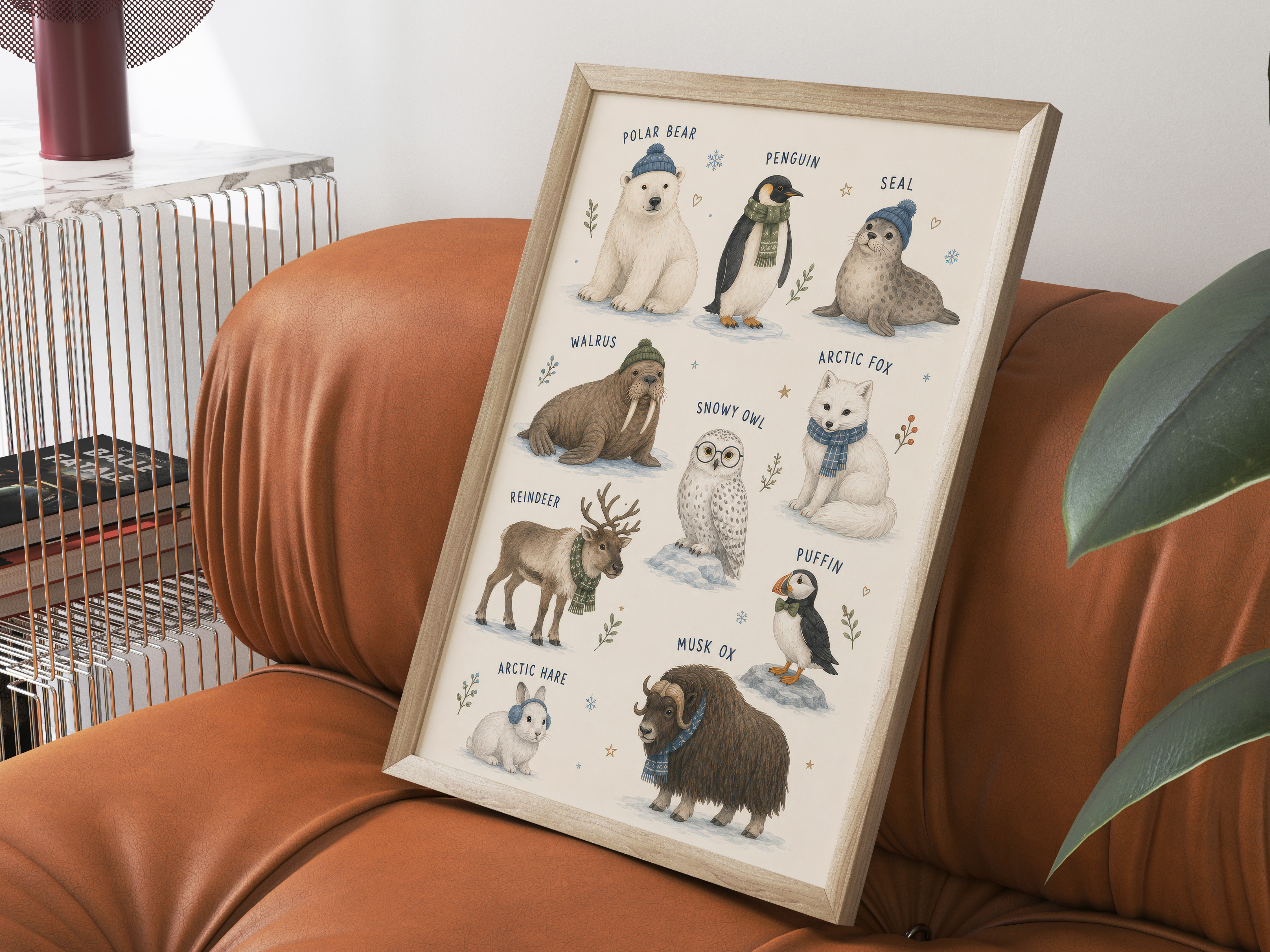 Arctic Animals Chart Poster, Cozy Watercolor Nursery Living Room Wall Art