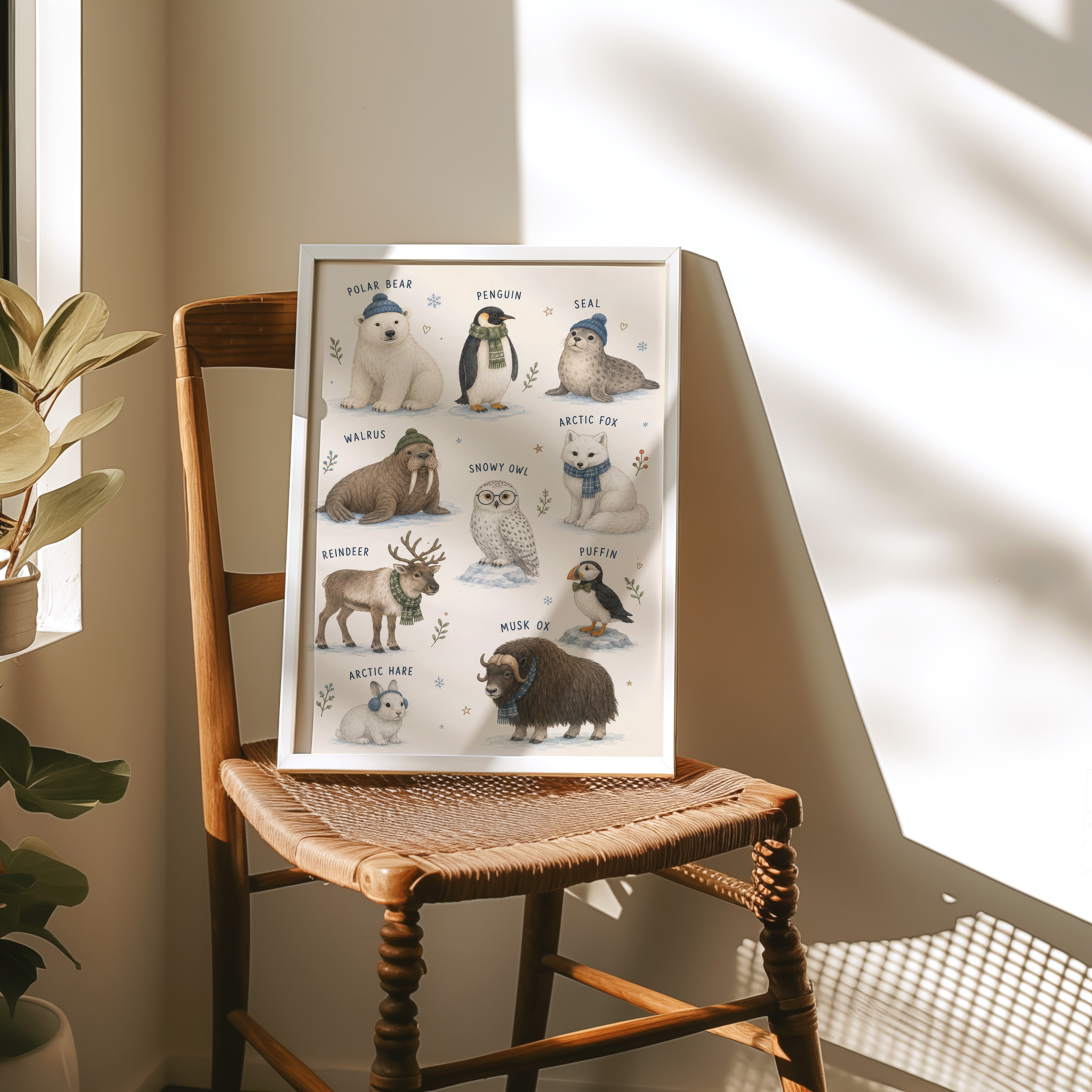 Arctic Animals Chart Poster, Cozy Watercolor Nursery Living Room Wall Art