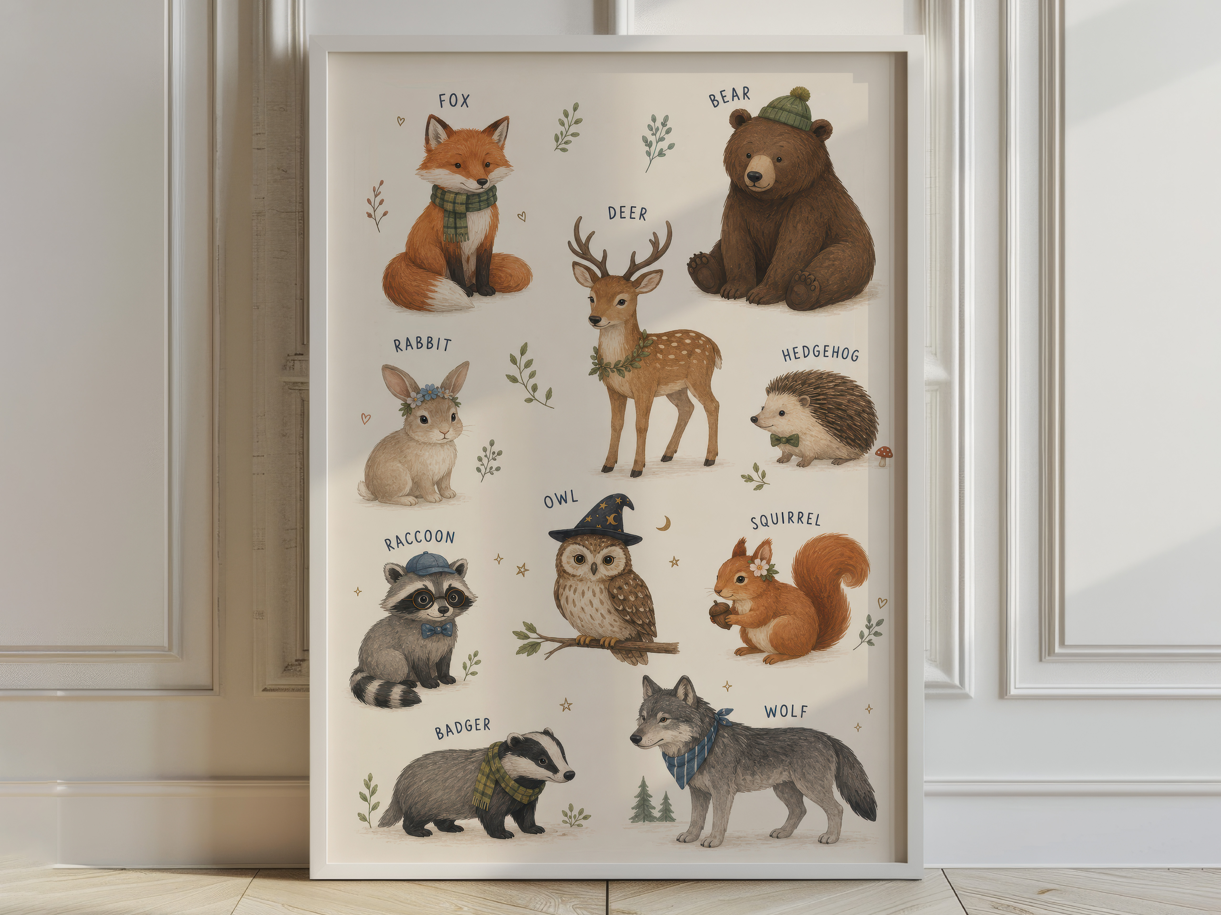 Woodland Nursery Art Chart, Labeled Animal Poster, Living Room Wall Art