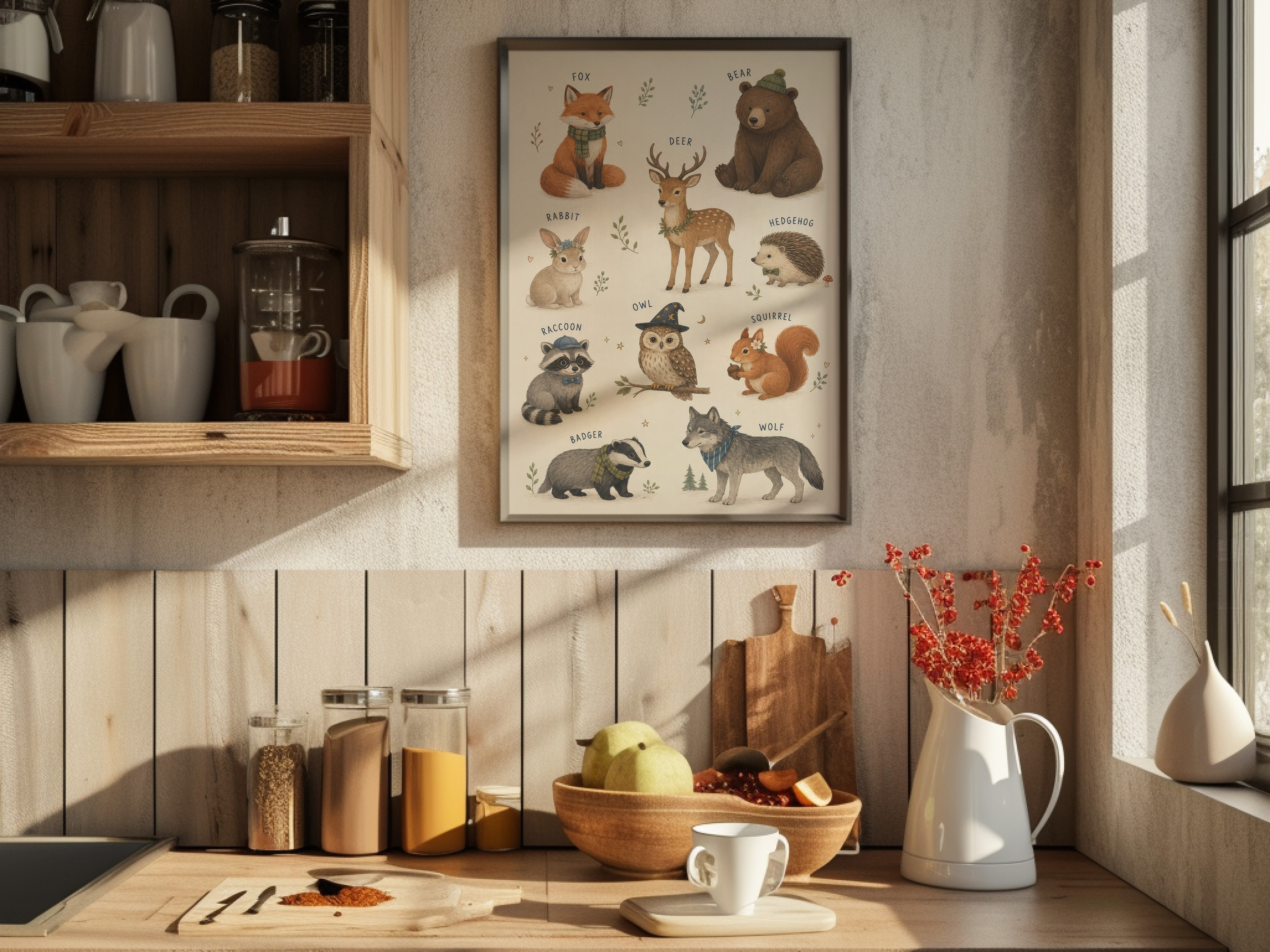 Woodland Nursery Art Chart, Labeled Animal Poster, Living Room Wall Art