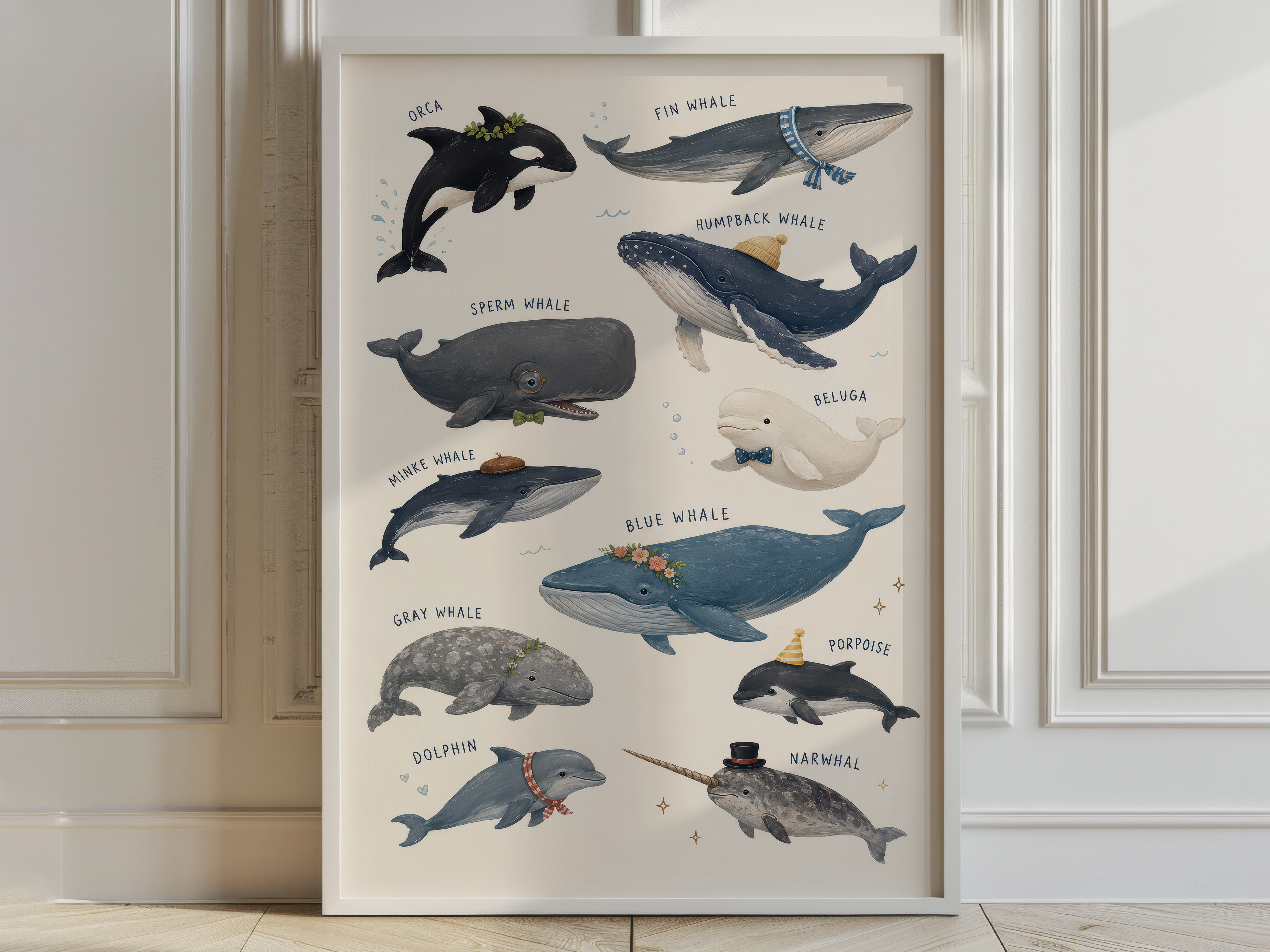 Whale Species Chart Poster, Ocean Wall Art for Baby Boy Nursery