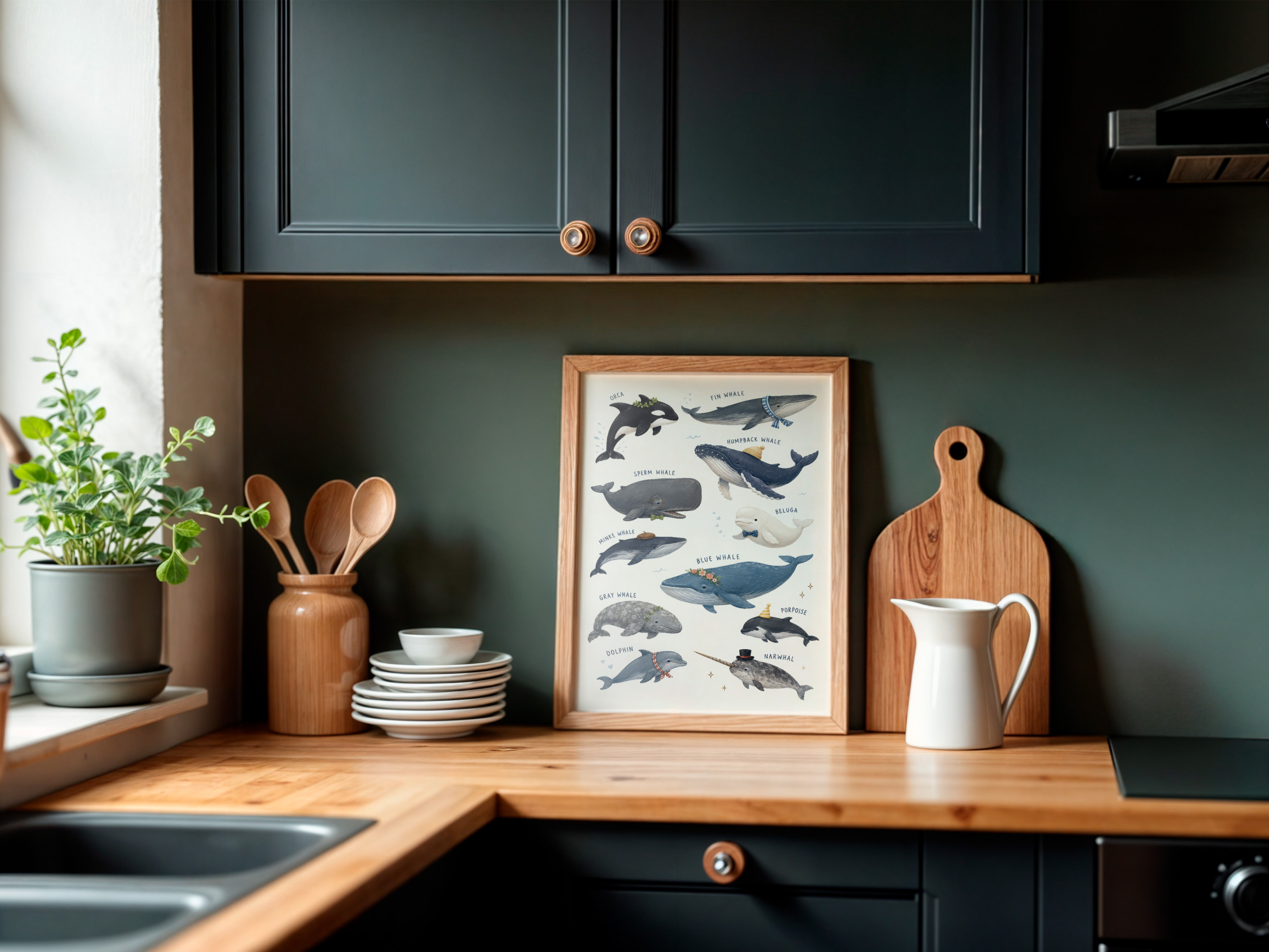 Whale Species Chart Poster, Ocean Wall Art for Baby Boy Nursery