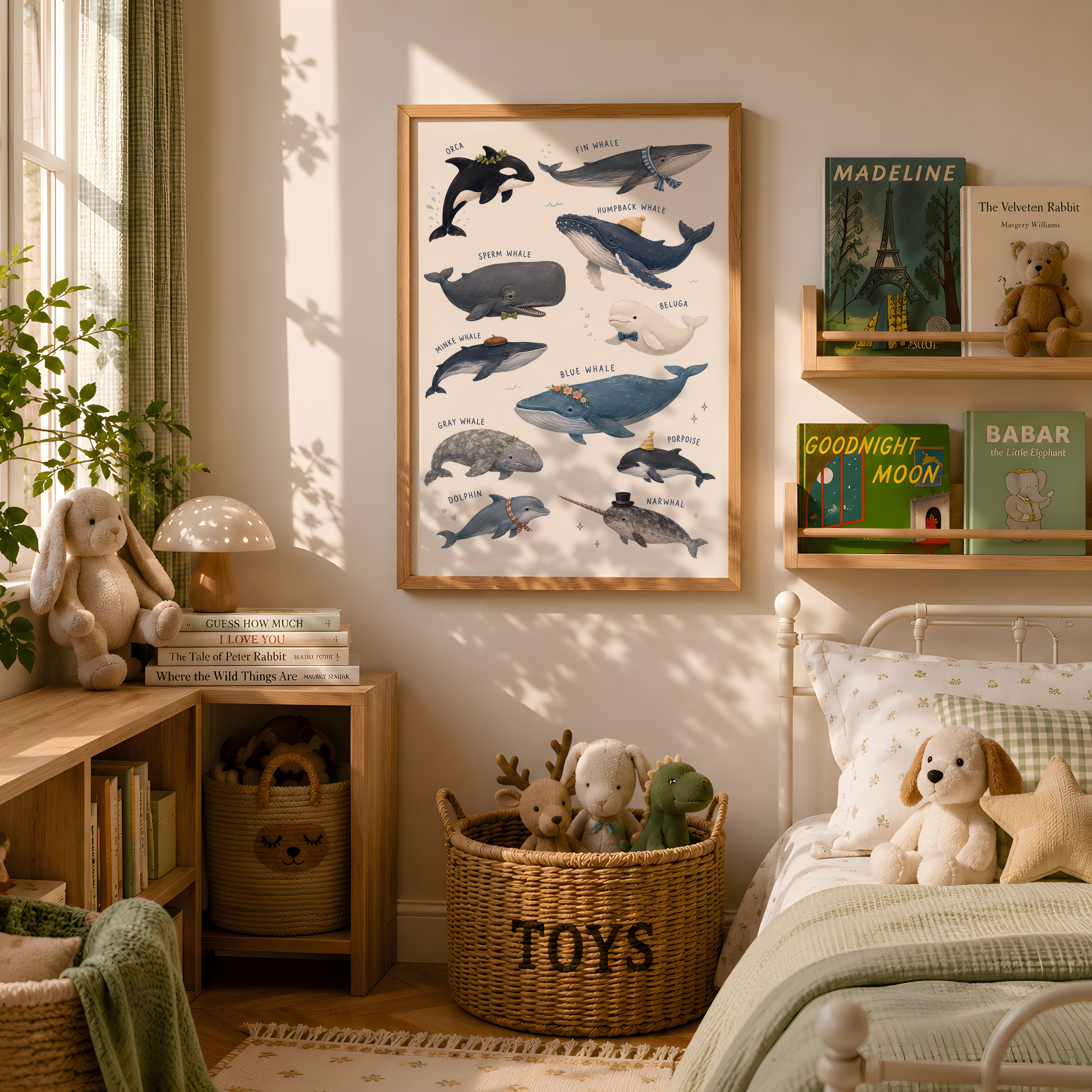 Whale Species Chart Poster, Ocean Wall Art for Baby Boy Nursery