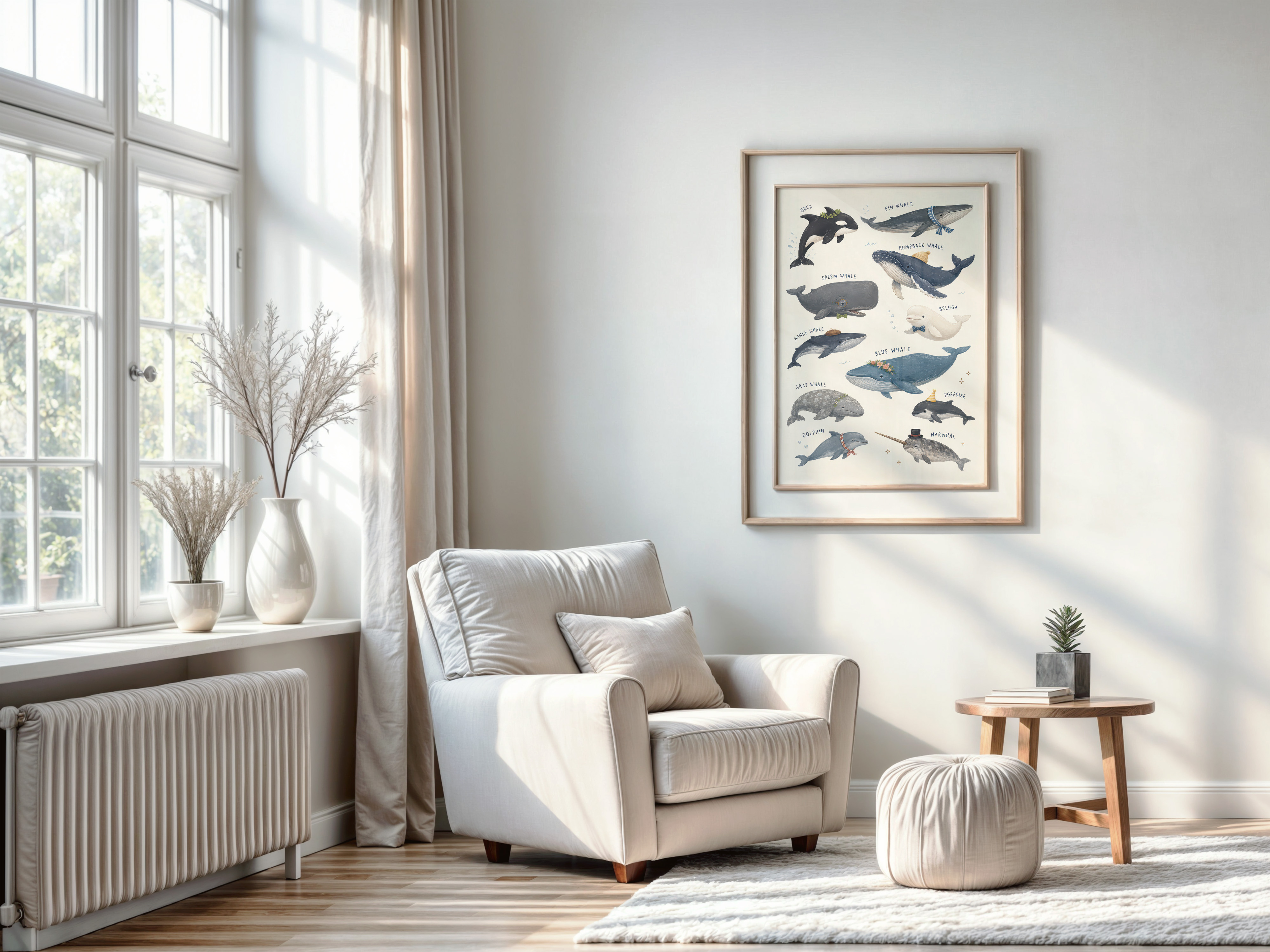 Whale Species Chart Poster, Ocean Wall Art for Baby Boy Nursery