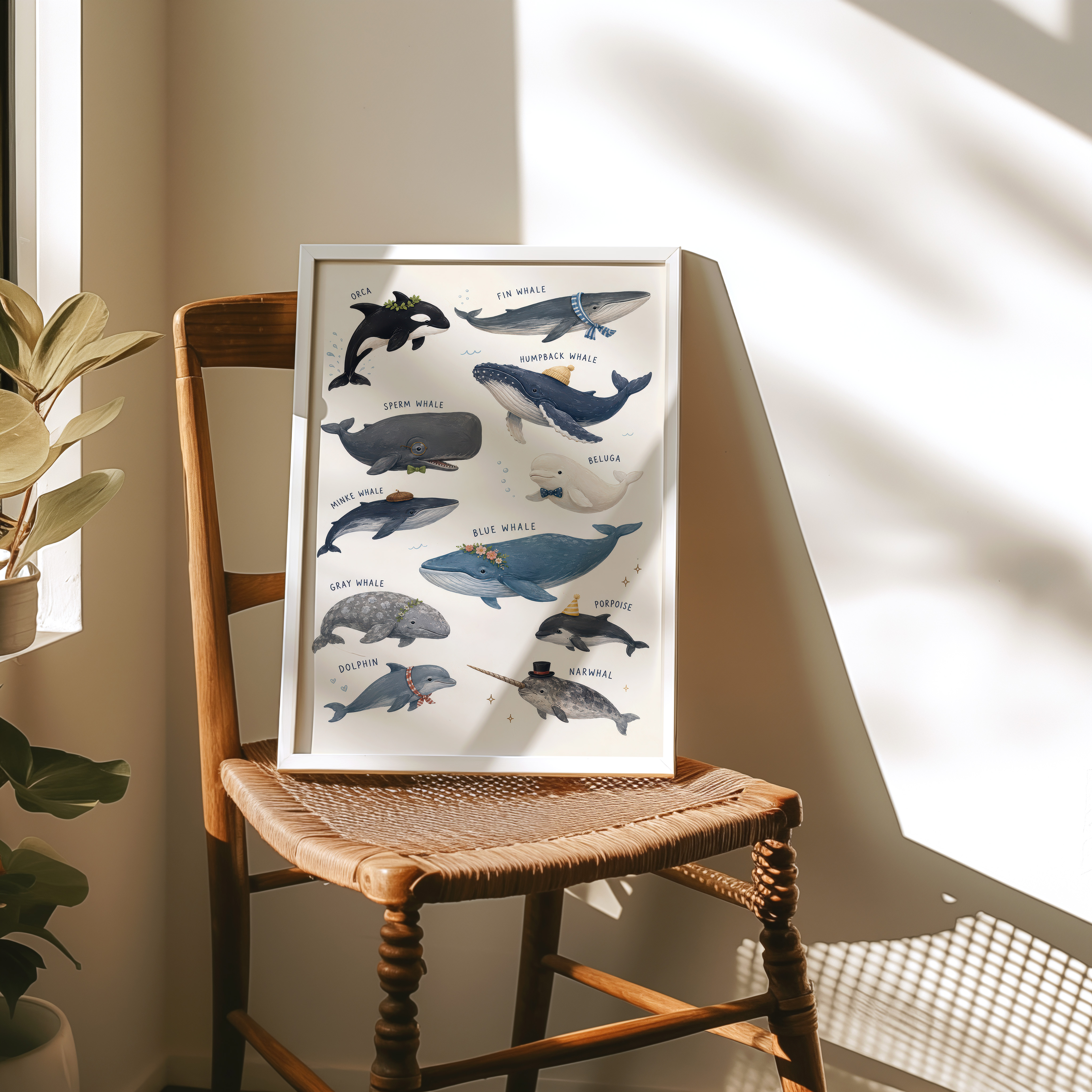 Whale Species Chart Poster, Ocean Wall Art for Baby Boy Nursery