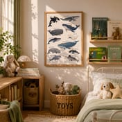 Whale Species Chart Poster, Ocean Wall Art for Baby Boy Nursery
