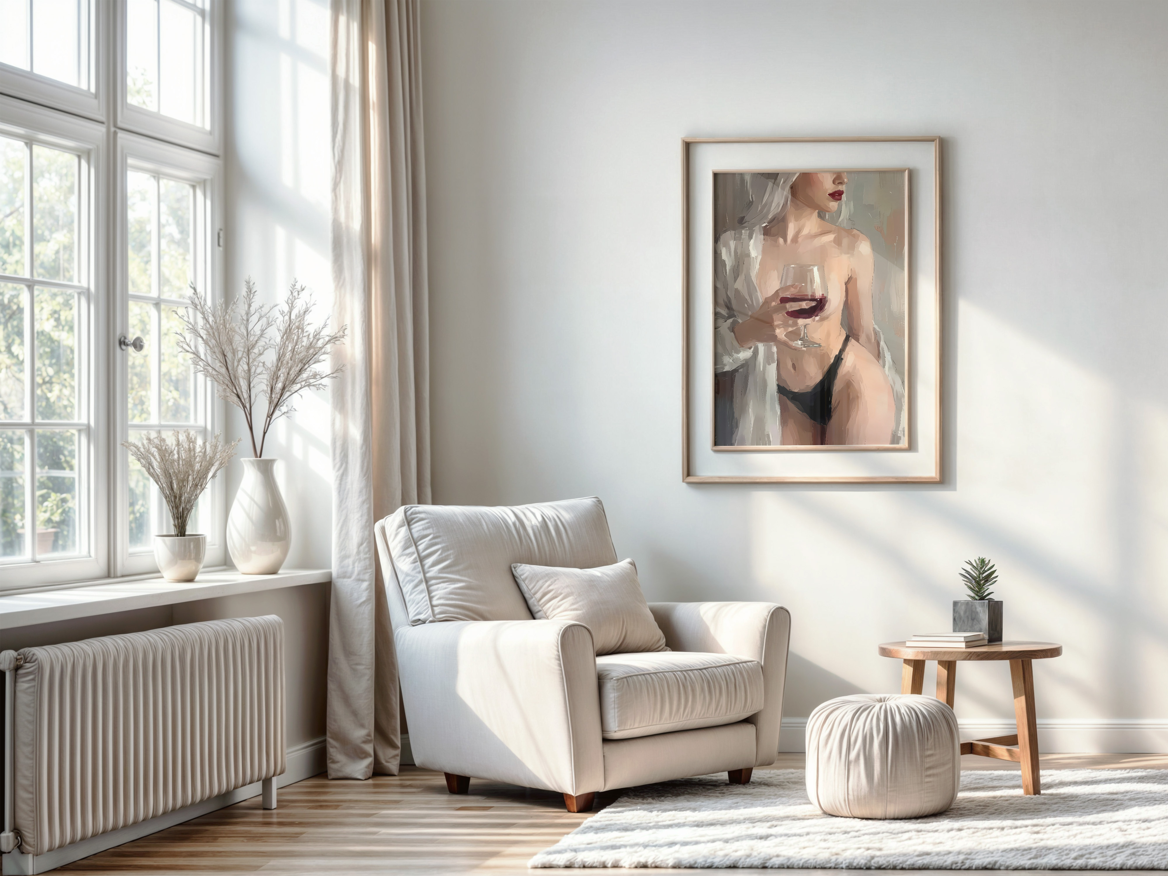 Woman with Wine Portrait Poster, Moody Living Room Wall Art, Modern Bar Decor