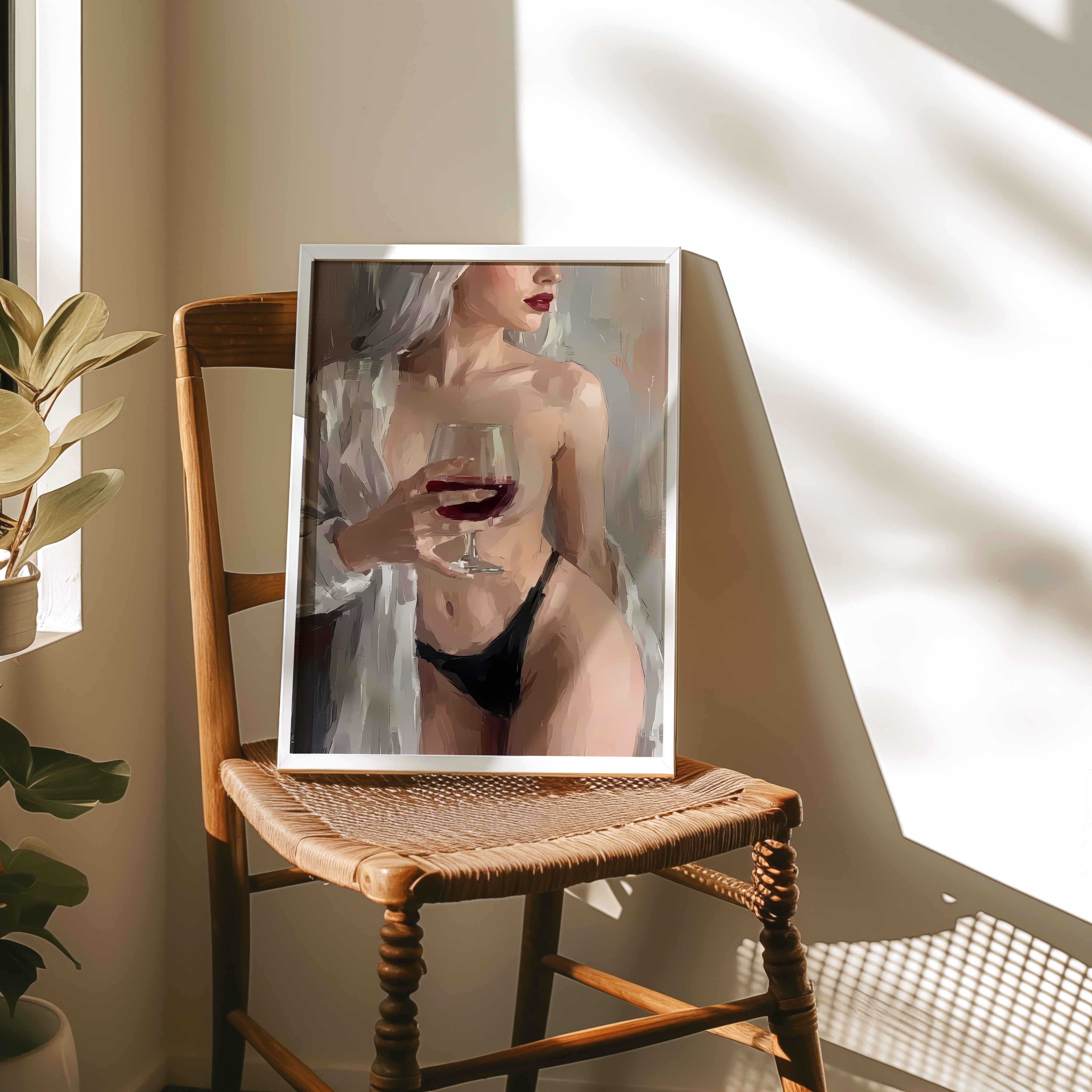 Woman with Wine Portrait Poster, Moody Living Room Wall Art, Modern Bar Decor