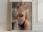 Woman with Wine Portrait Poster, Moody Living Room Wall Art, Modern Bar Decor
