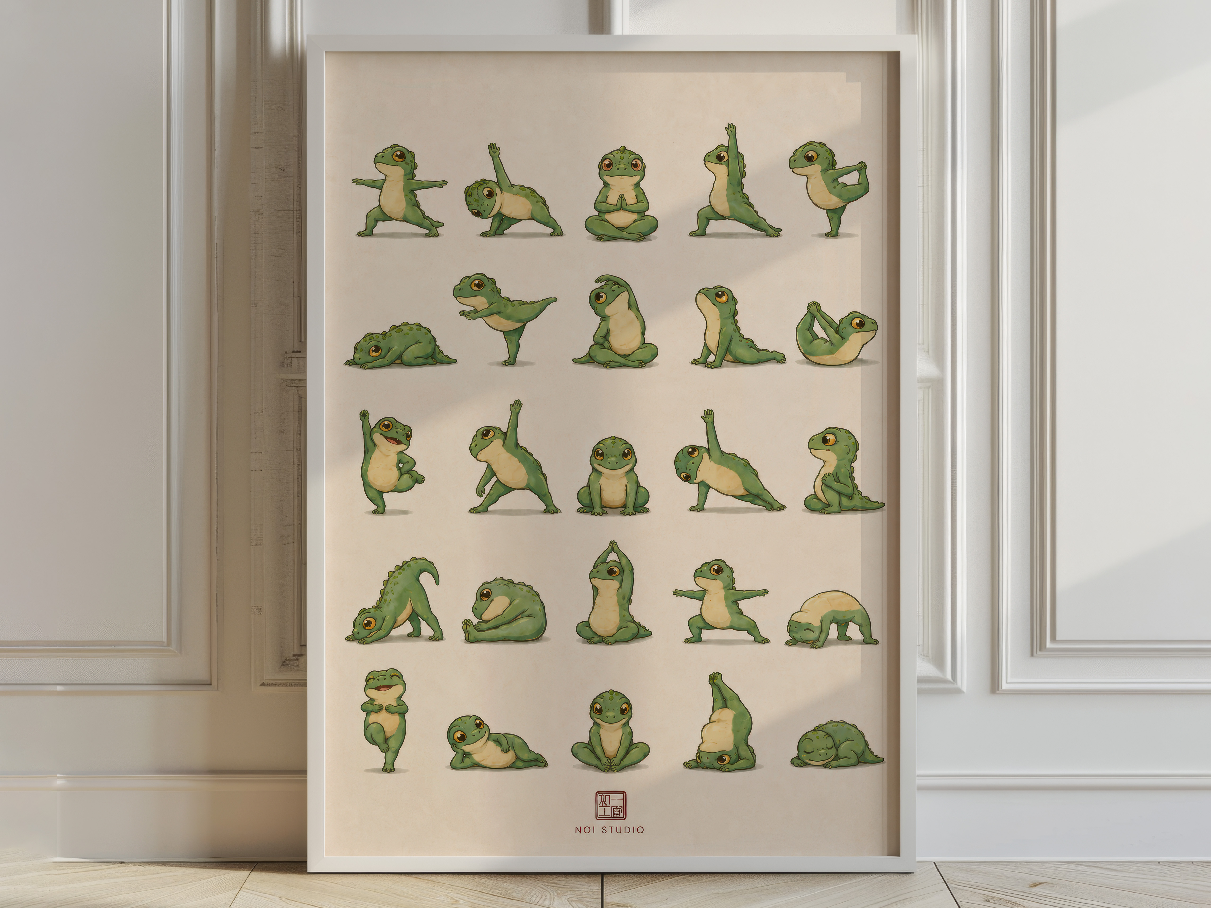 Yoga Frog Grid Poster, Cute Cartoon Living Room Wall Art