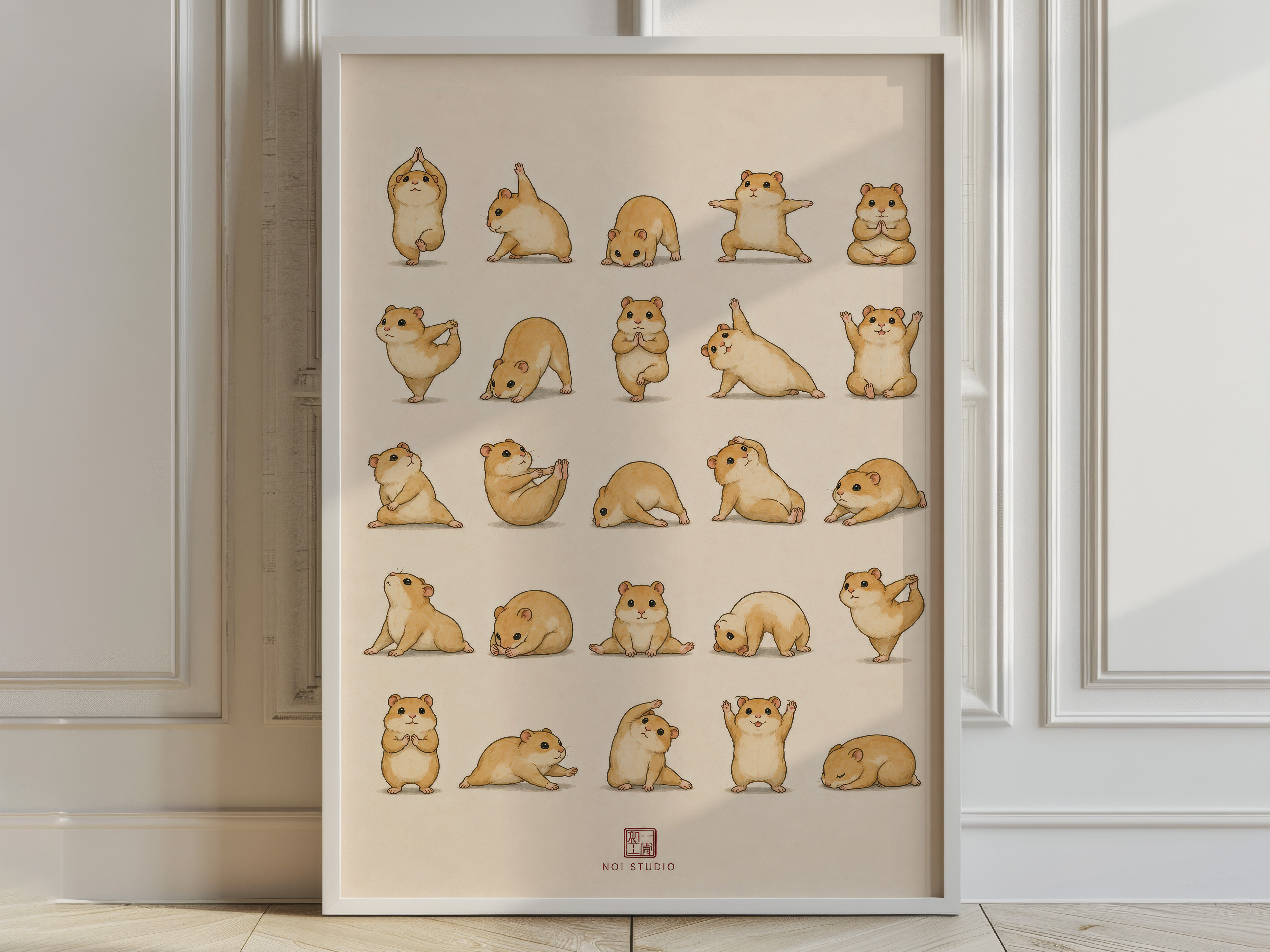 Yoga Hamsters Poster, Cute Cartoon Animal Living Room Wall Art