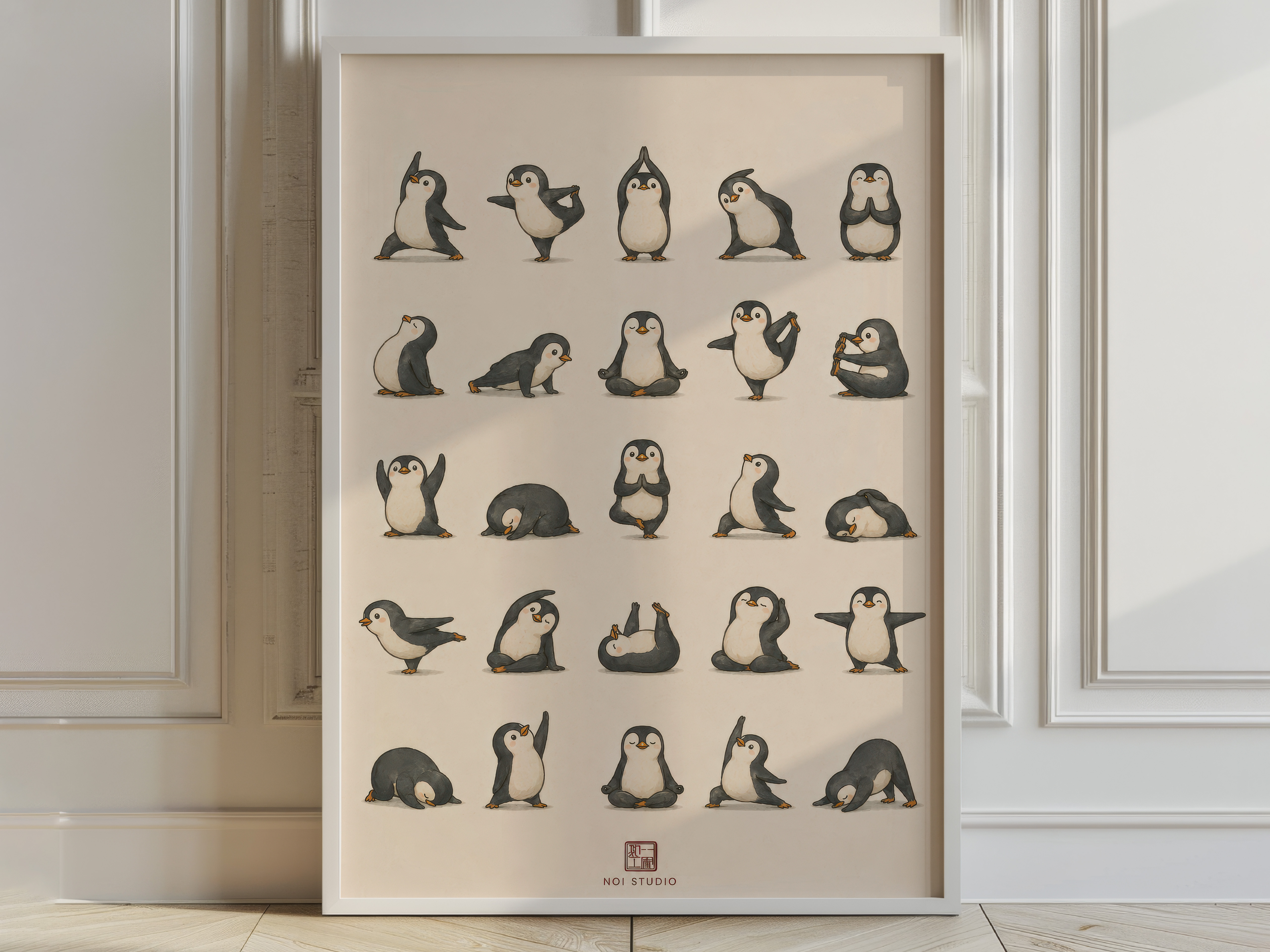 Yoga Penguins Grid Poster, Japanese Wall Art, Living Room Decor