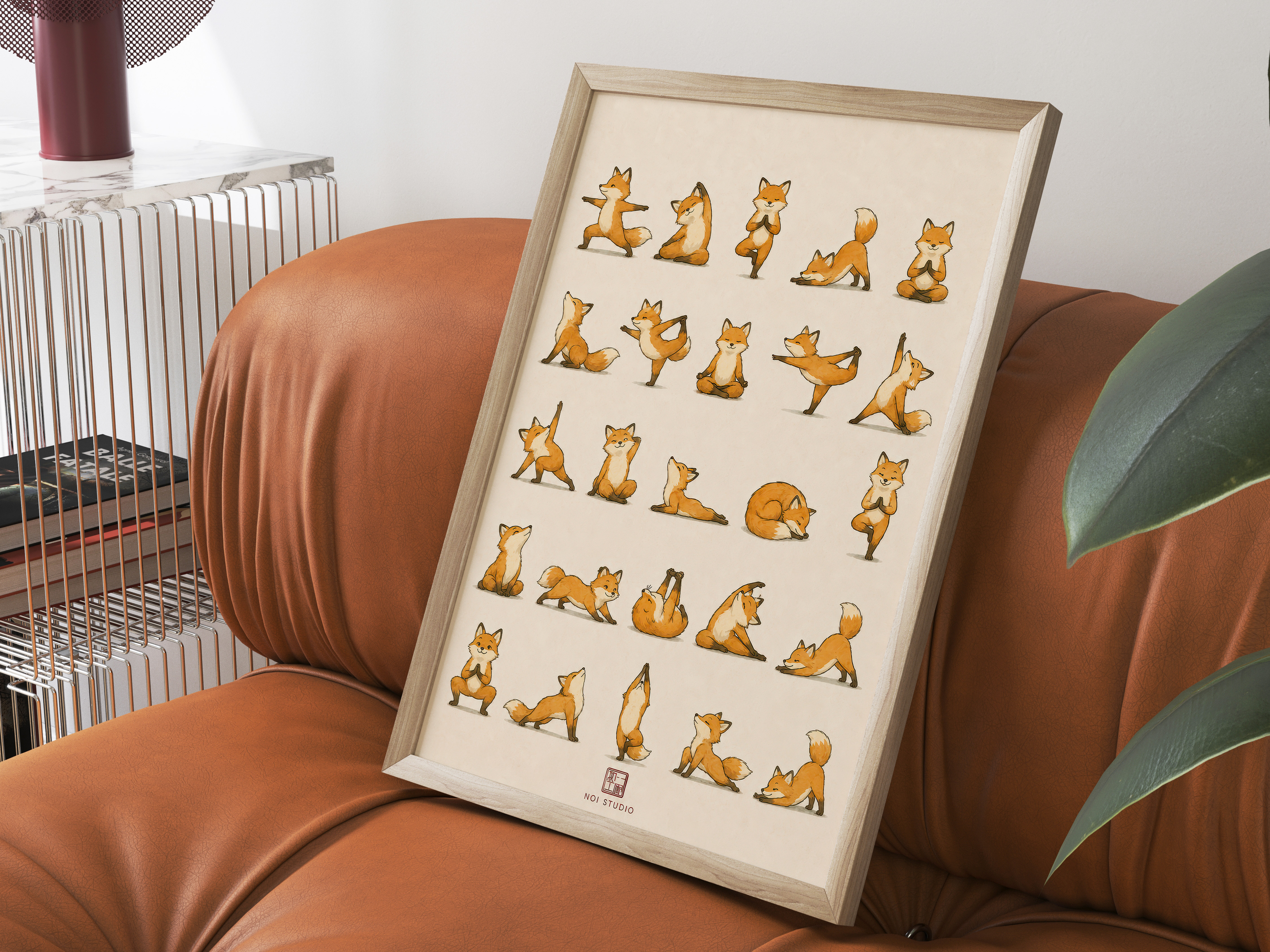 Yoga Fox Grid Print, Living Room Wall Art, Cute Cartoon Animal Poster