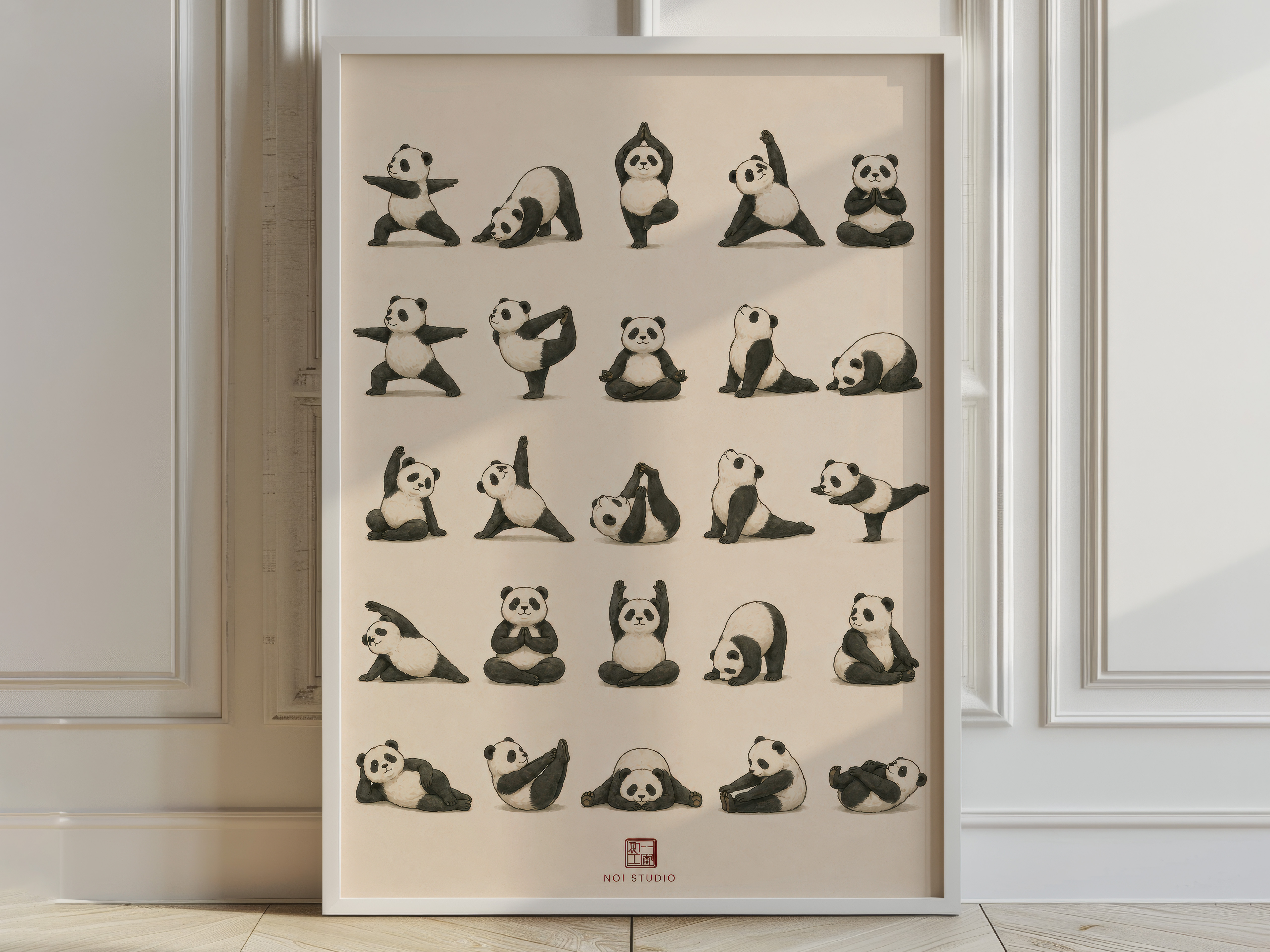 Yoga Panda Grid Poster, Minimalist Wall Art, Living Room Decor